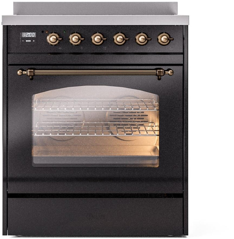 ILVE Nostalgie II 30-Inch Freestanding Electric Induction Range in Glossy Black with Bronze Trim (UPI304NMPBKB)