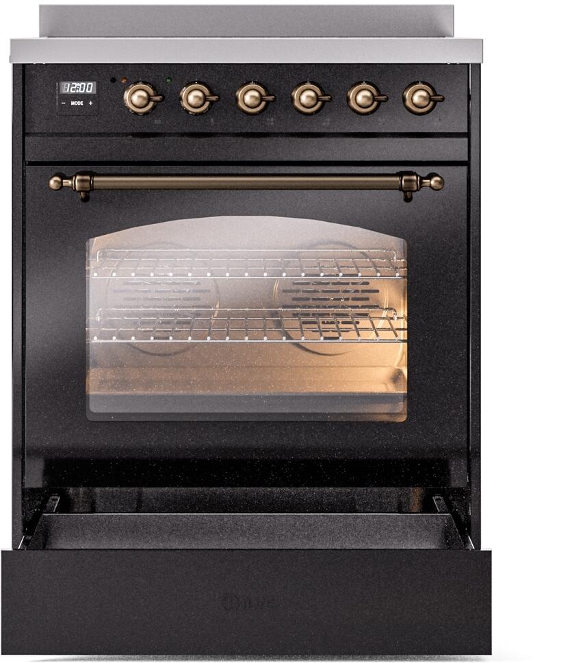 Glossy black induction range with bronze bar handle and oven door window