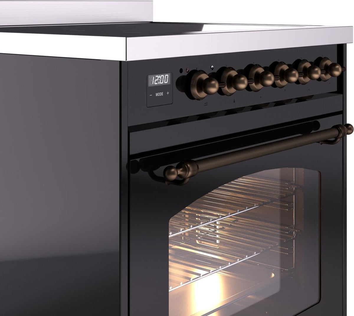 Induction range control panel with glossy black finish and bronze knob row