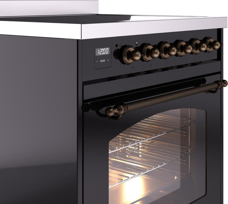 ILVE Nostalgie II 30-Inch Freestanding Electric Induction Range in Glossy Black with Bronze Trim (UPI304NMPBKB)