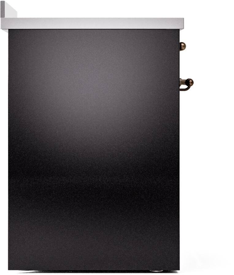 Side of glossy black induction range with bronze handle accents