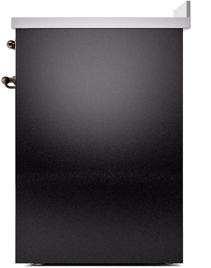Rear side view of glossy black induction range with bronze mounting hardware