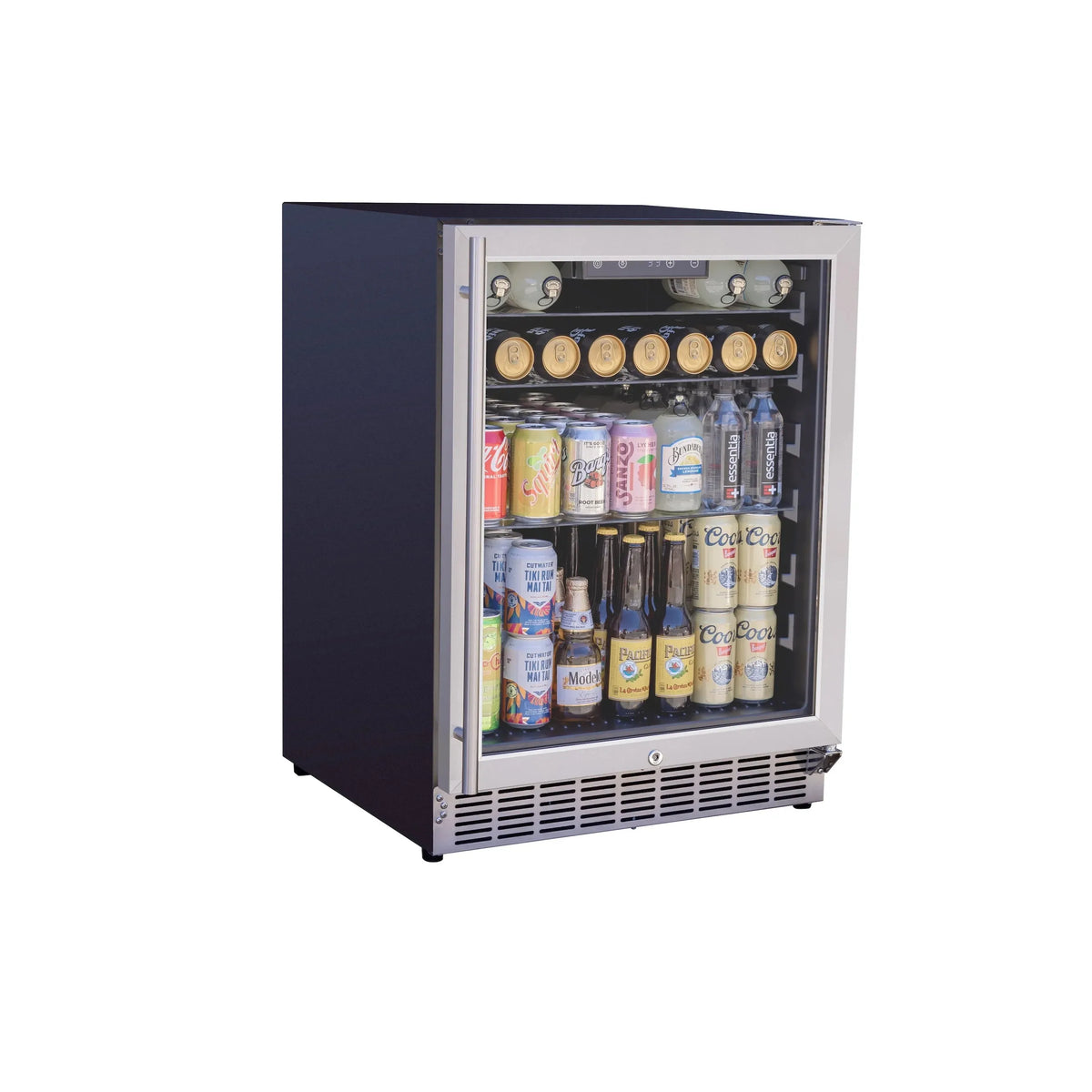 Outdoor fridge with glass door showing stocked drinks and illuminated upper shelf