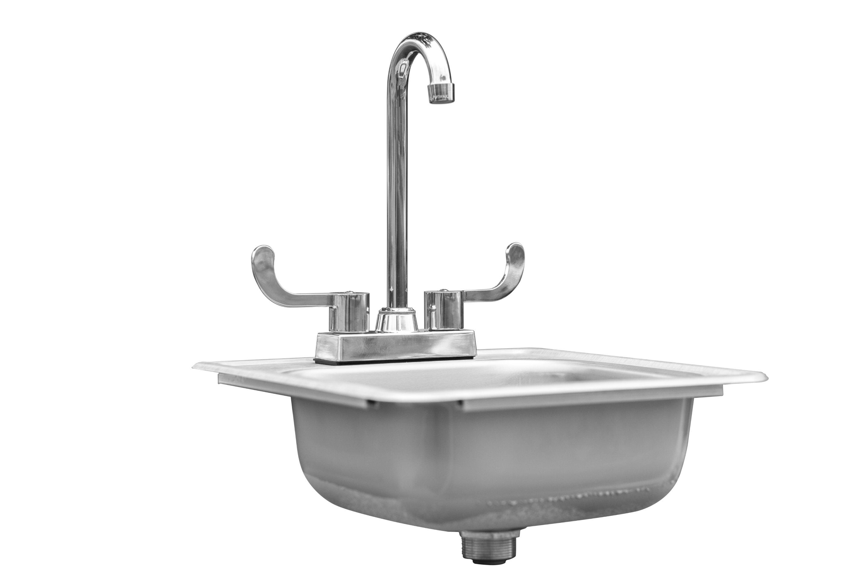 Stainless single-basin drop-in sink with chrome faucet and mounting base
