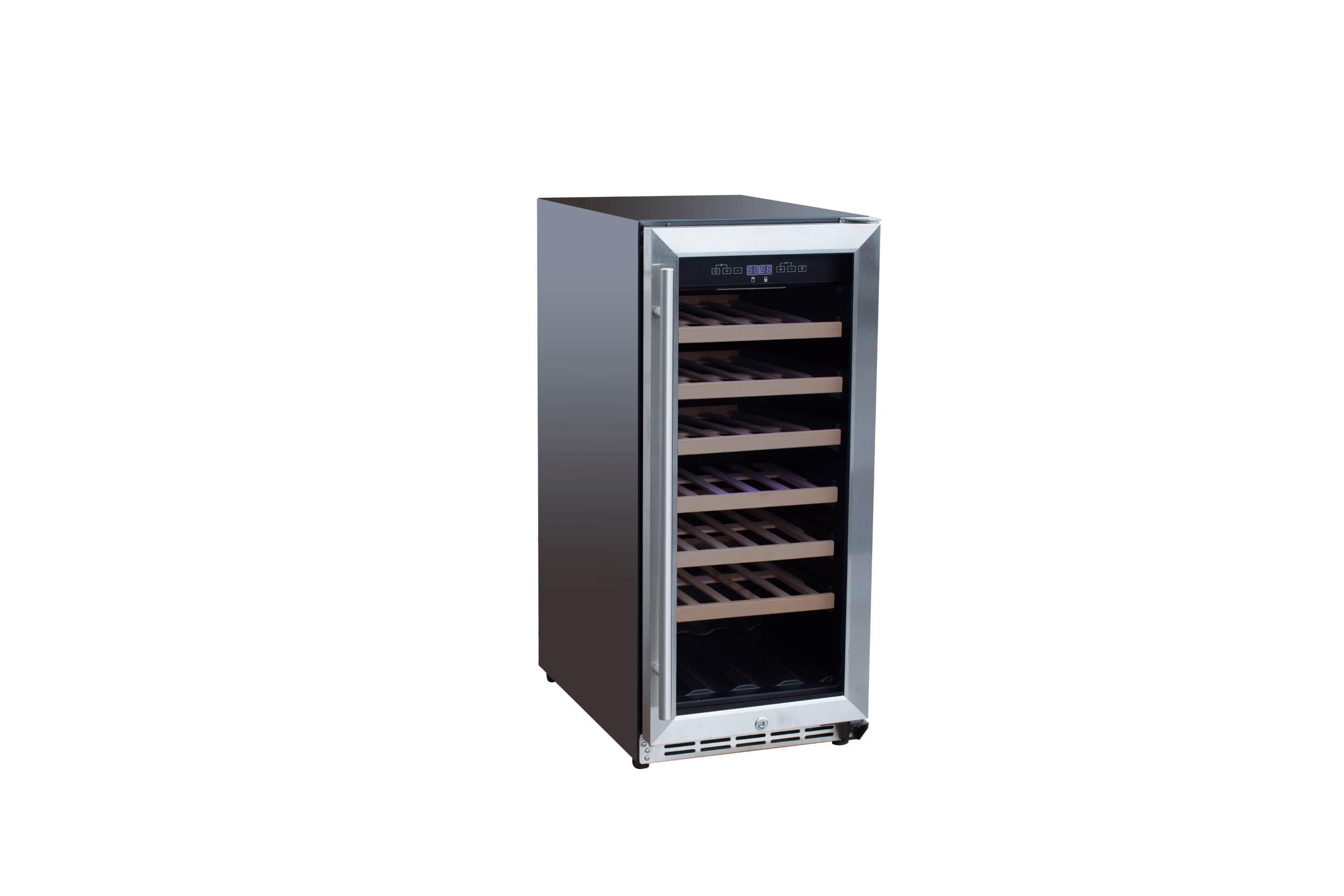 Stainless steel outdoor wine cooler, angled view with black glass front and base vents