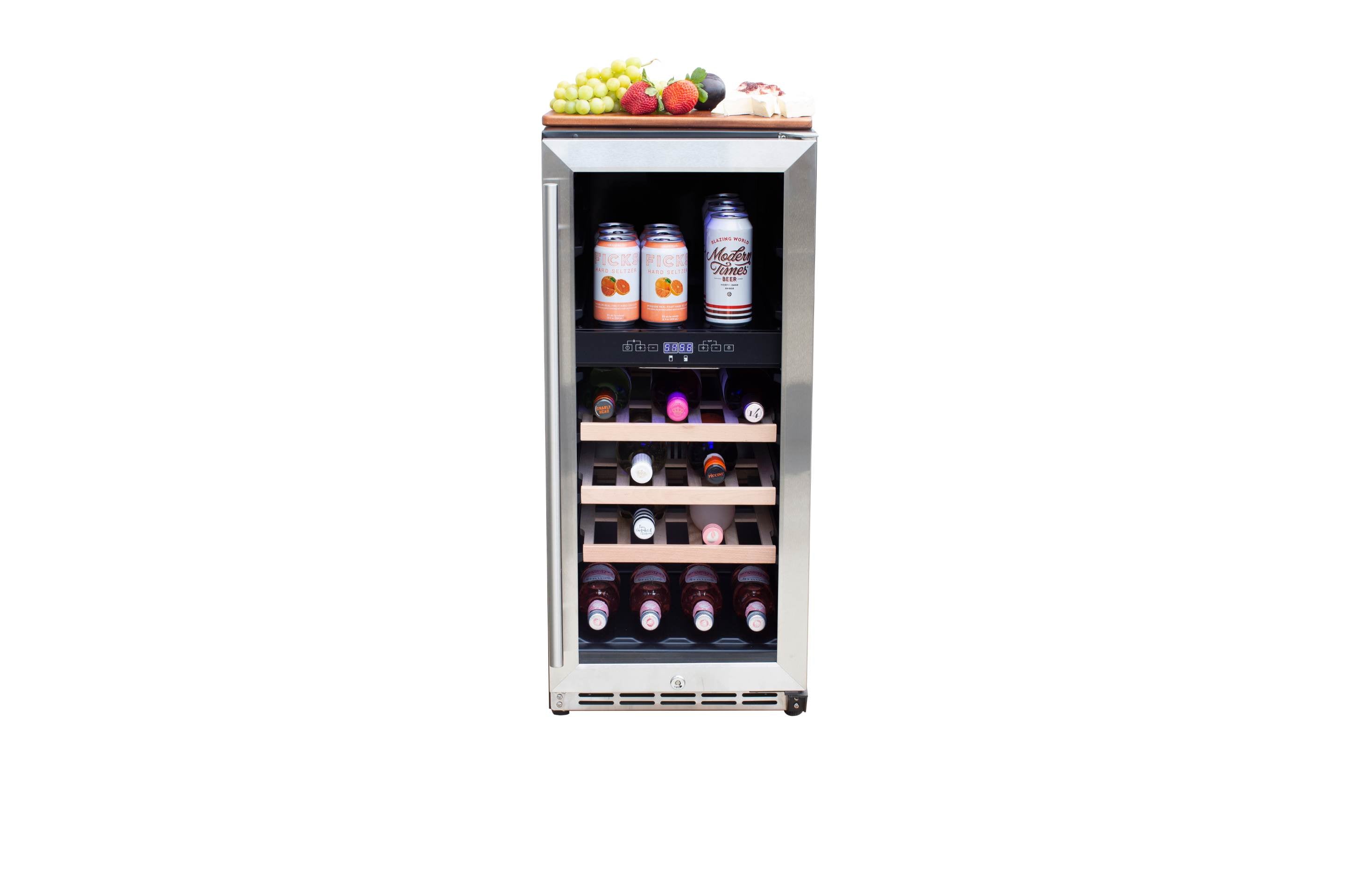 Stainless steel wine cooler with glass door open and bottles on wooden shelves