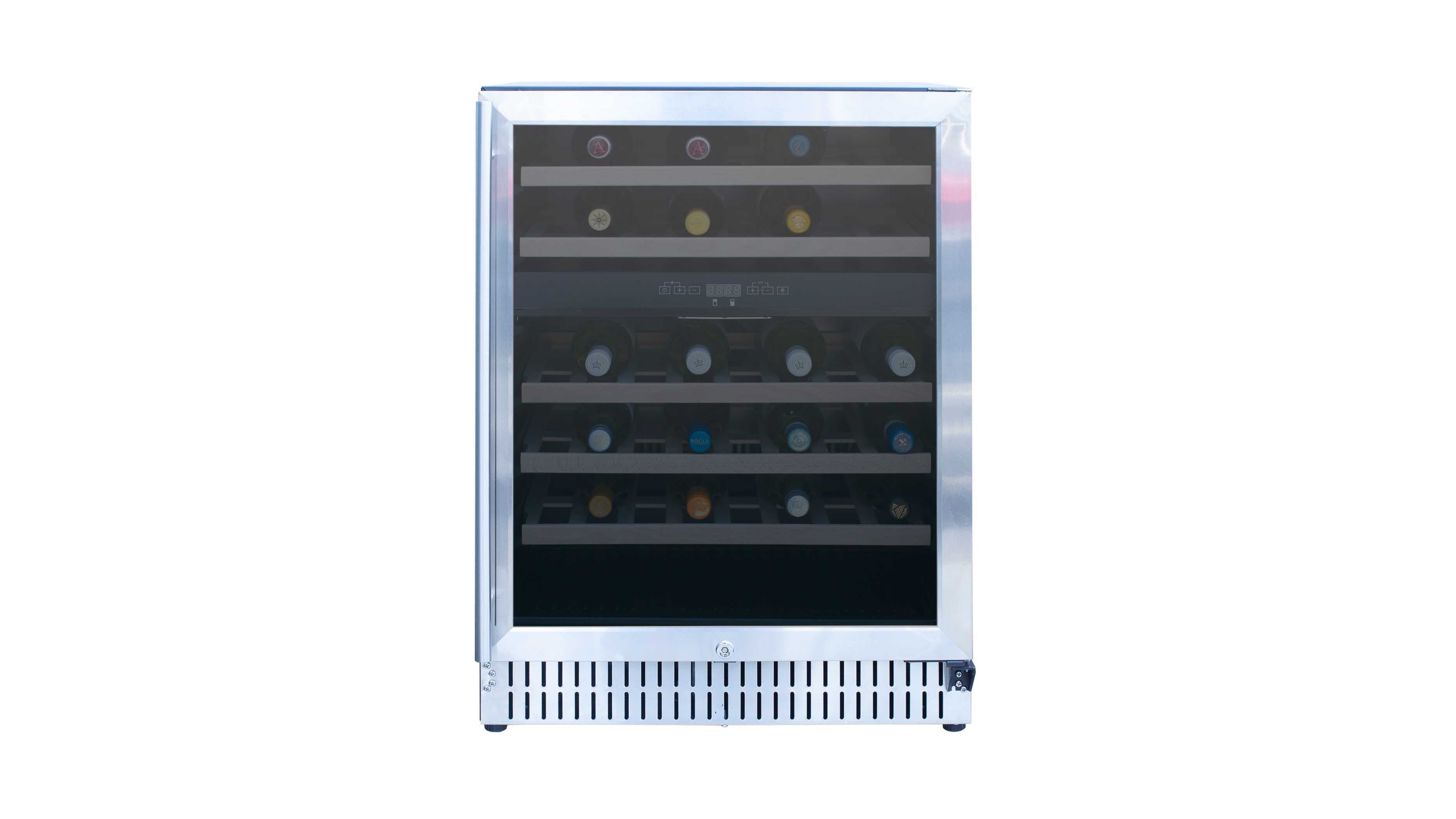 Stainless steel wine cooler with glass door closed and interior racks visible
