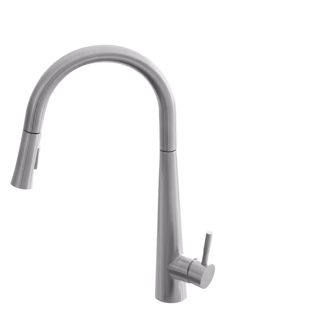 Stainless steel kitchen faucet with arched spout and single lever handle