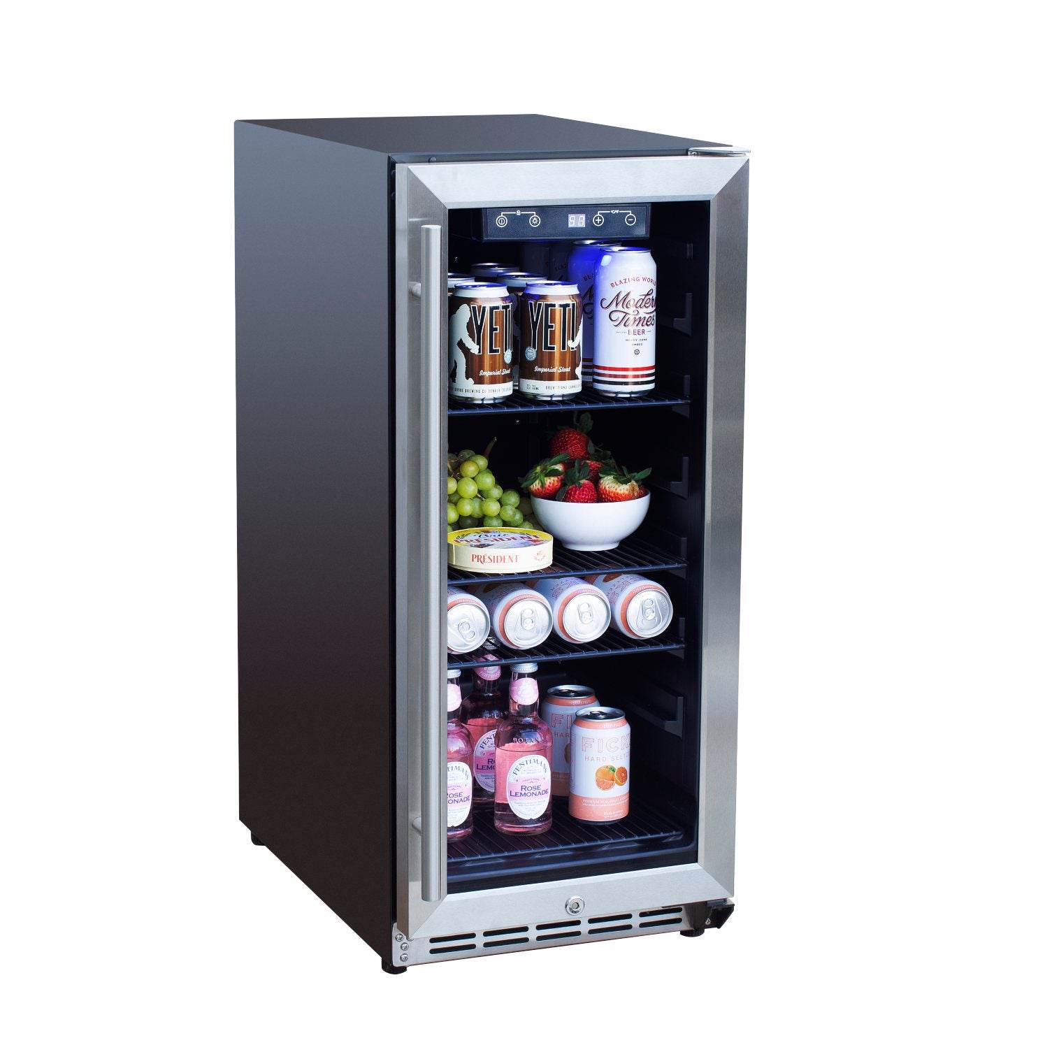 Outdoor refrigerator with glass door open, stocked drinks and produce