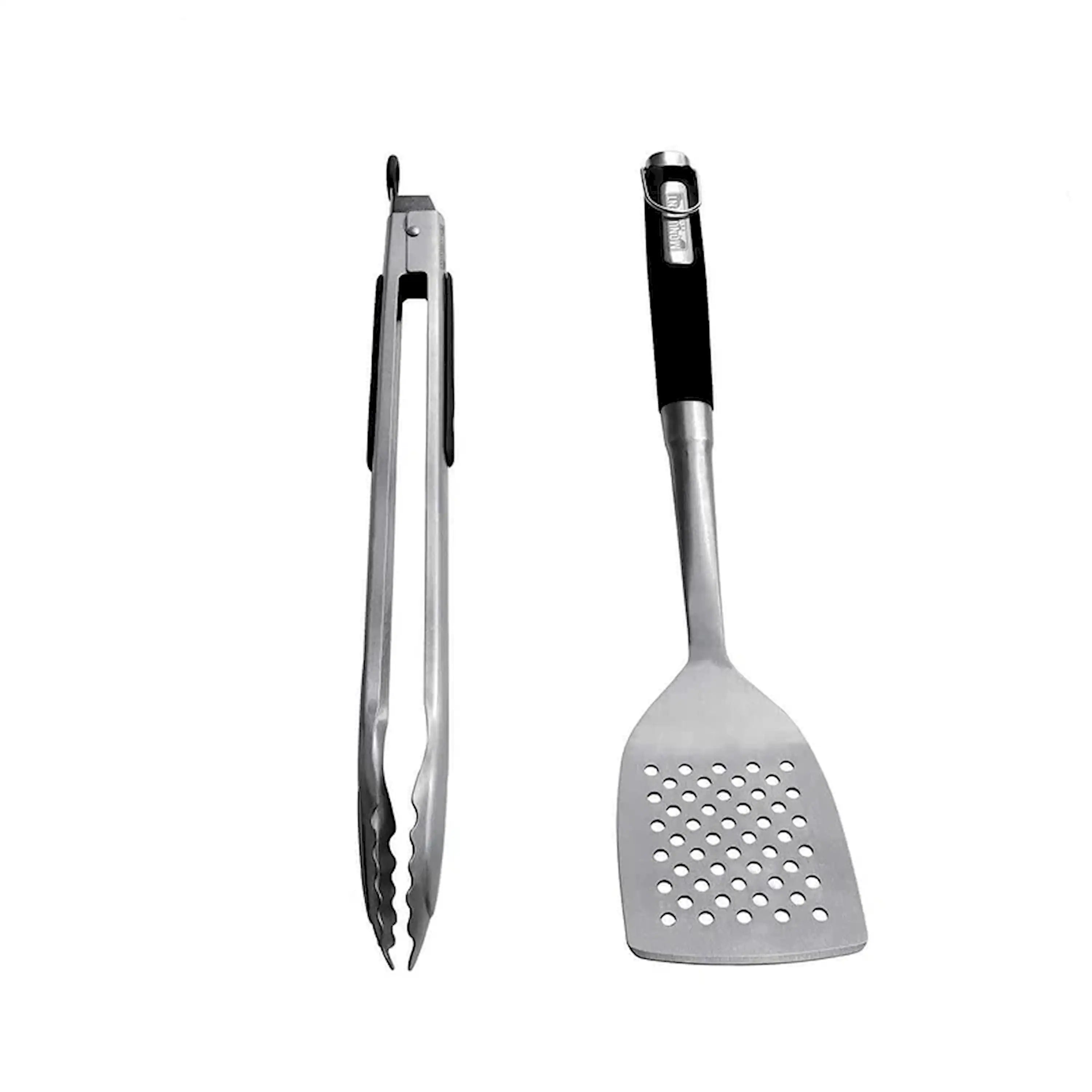 Stainless steel slotted tong and perforated spatula with black grip handles