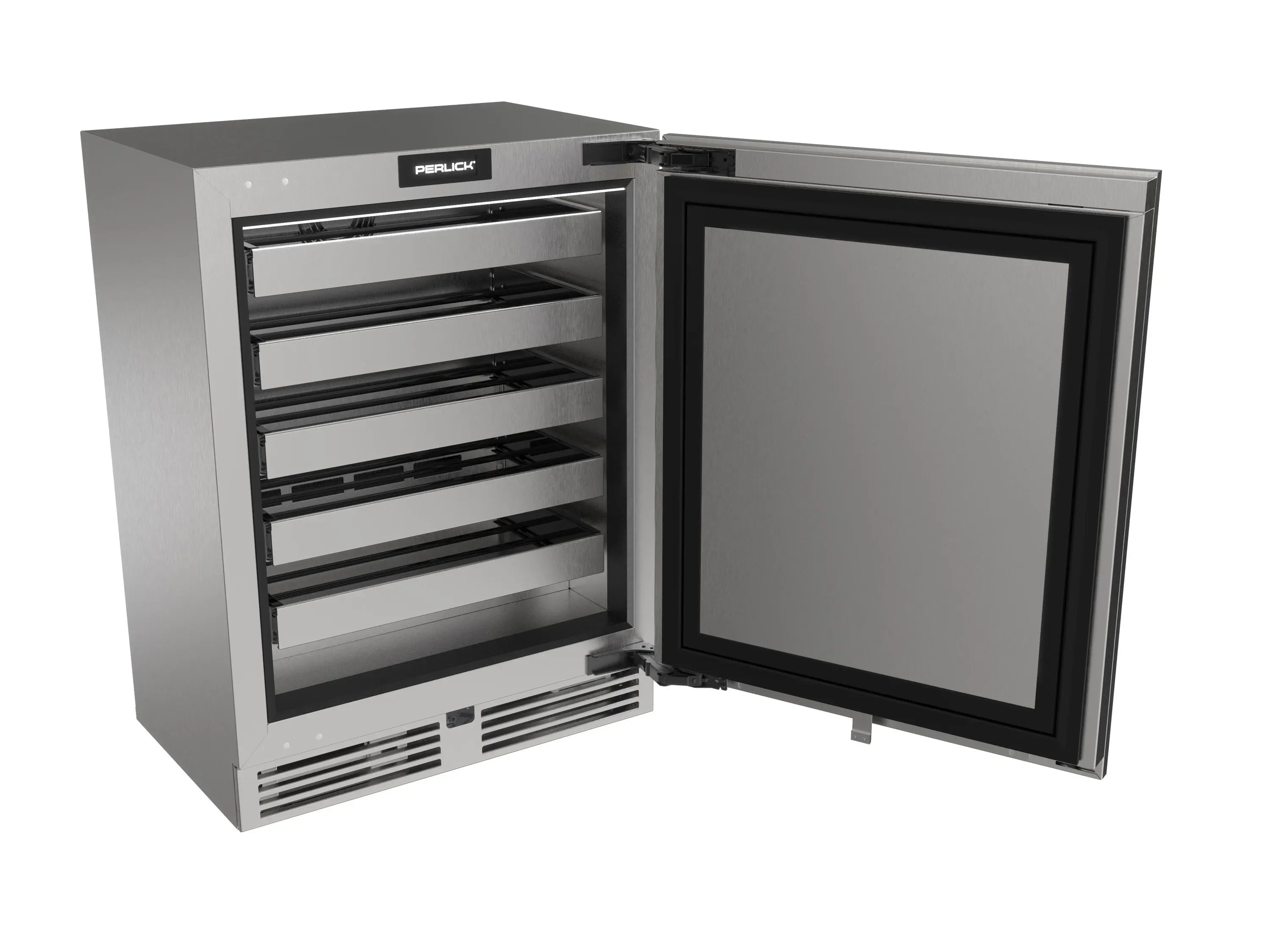 Stainless undercounter wine cooler with door open showing horizontal storage racks