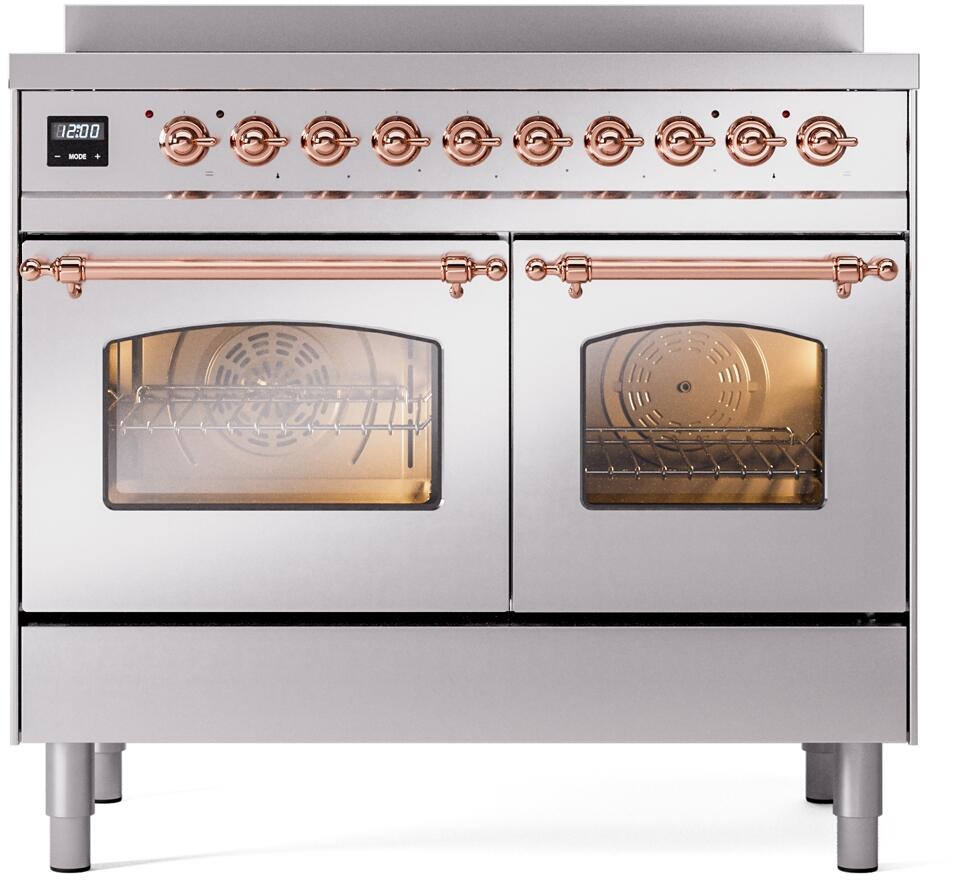 Stainless freestanding electric induction range with copper control knobs and double oven doors