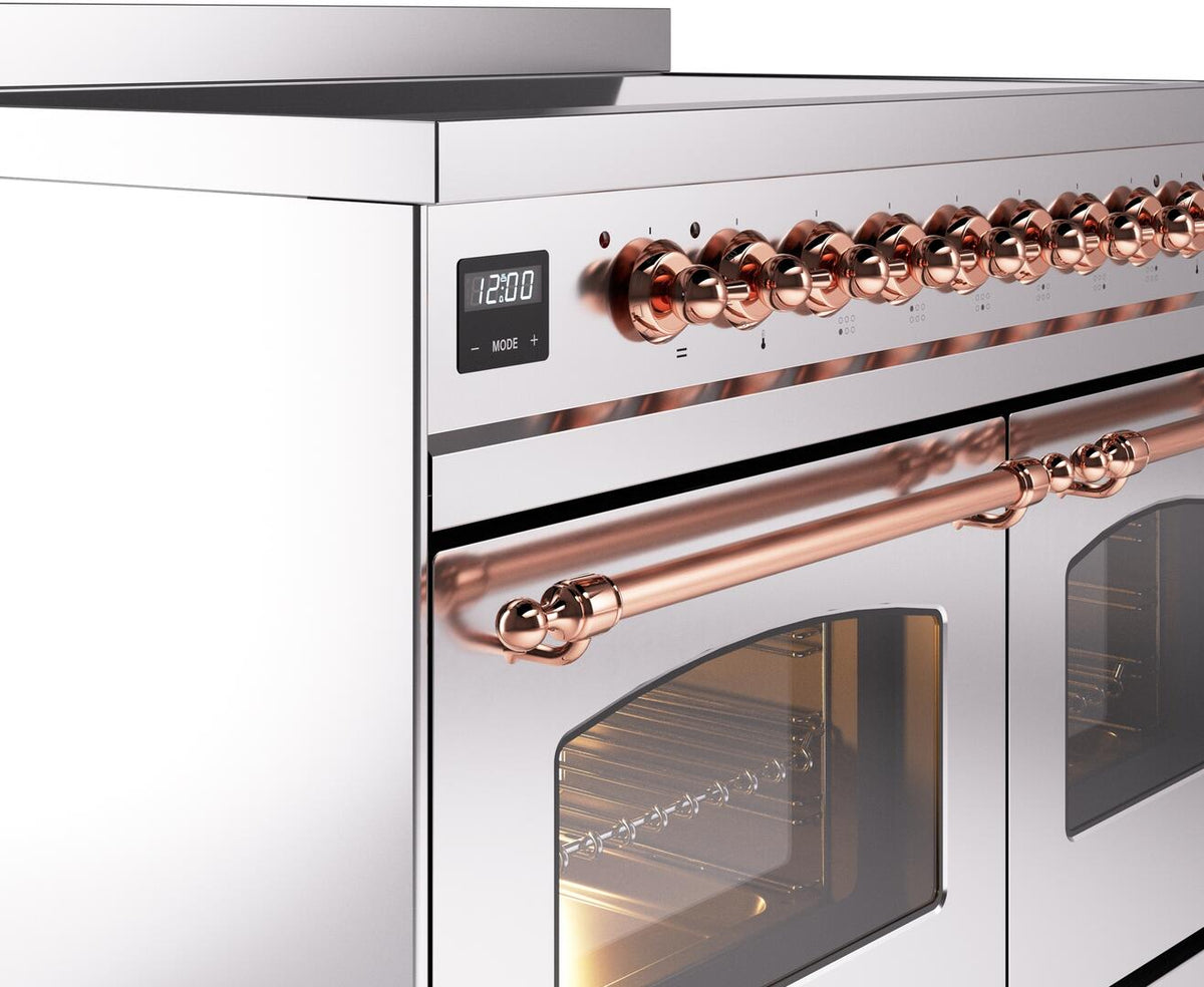 Stainless induction range control panel with copper knobs and brushed finish