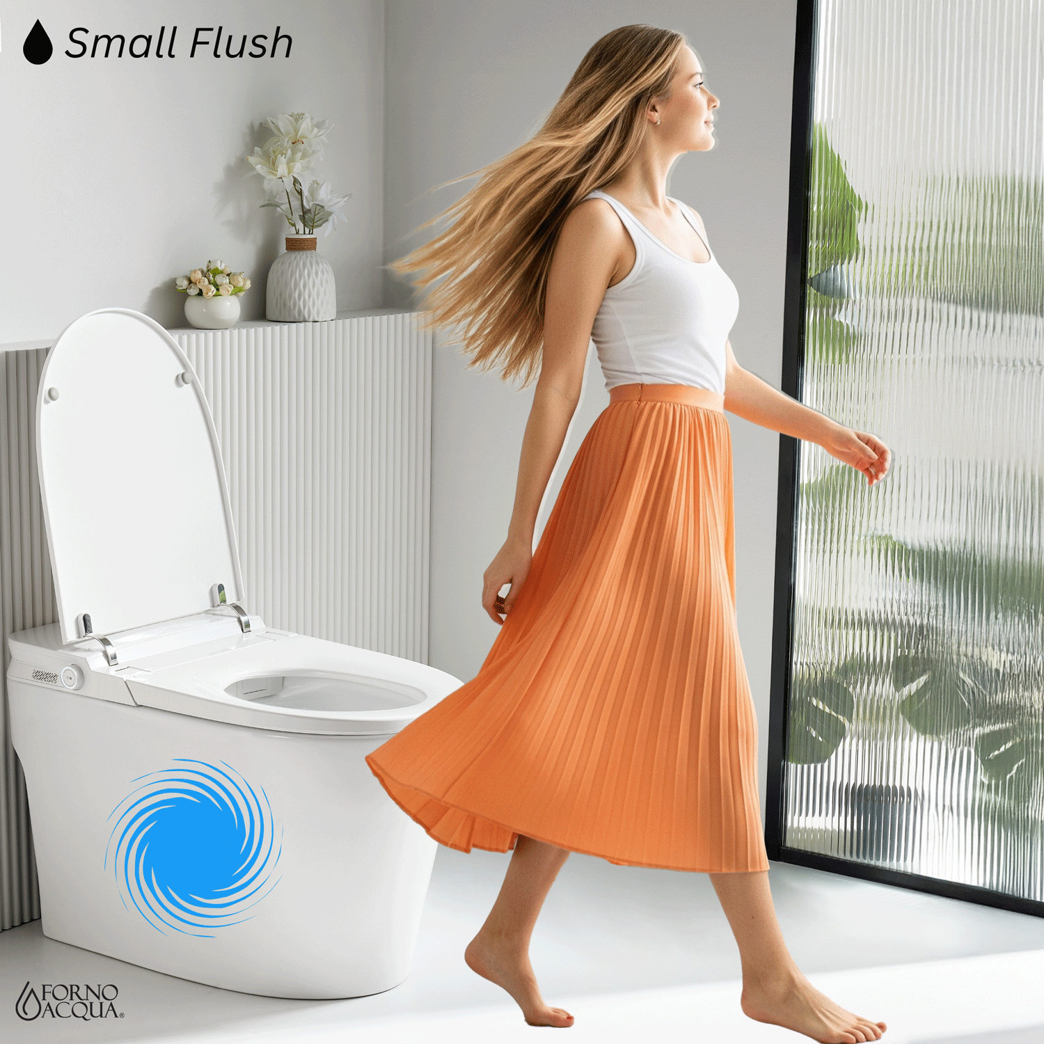 White smart tankless toilet with lid open and circular flush panel, designed for auto flush