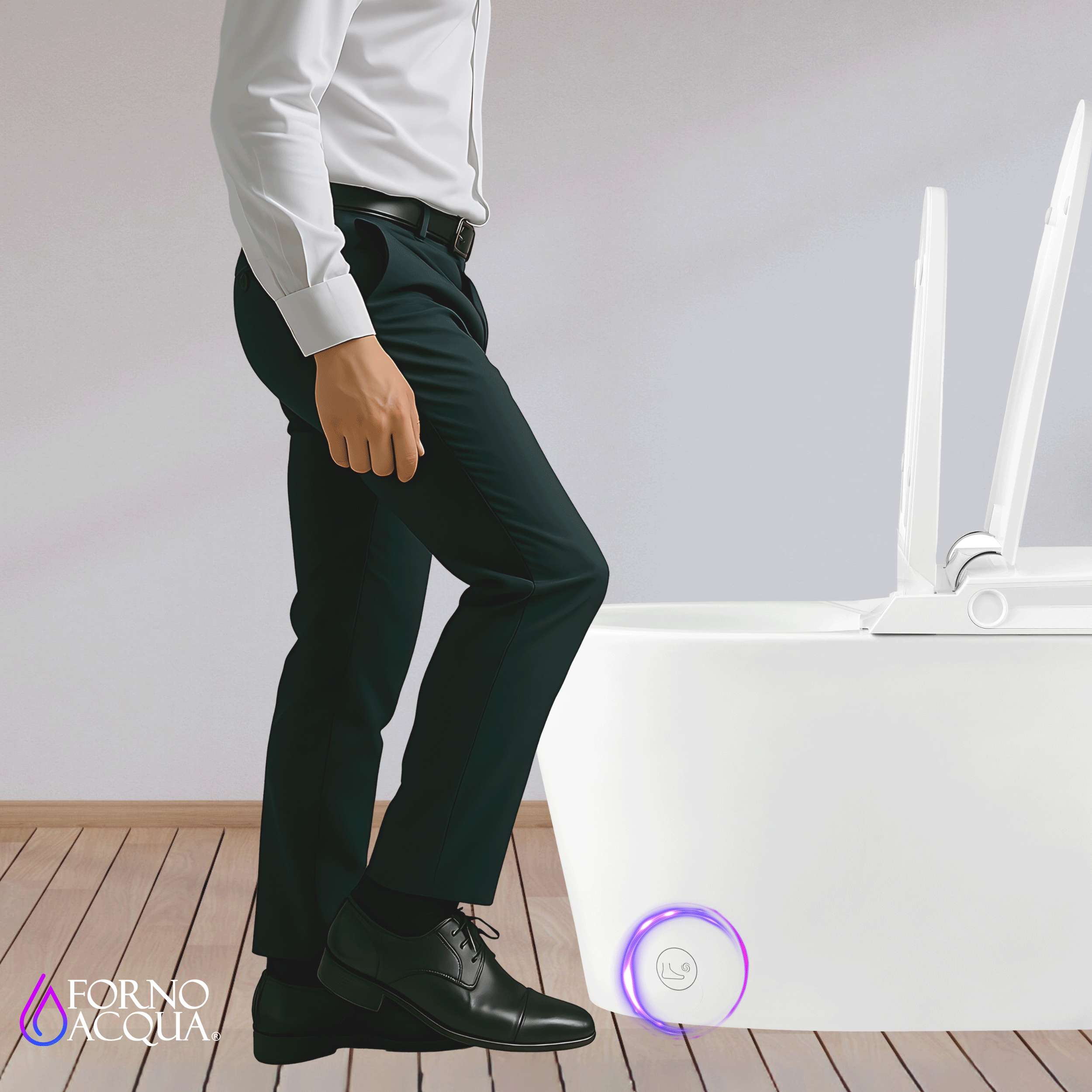Smart toilet sensor puck with glowing ring next to white toilet