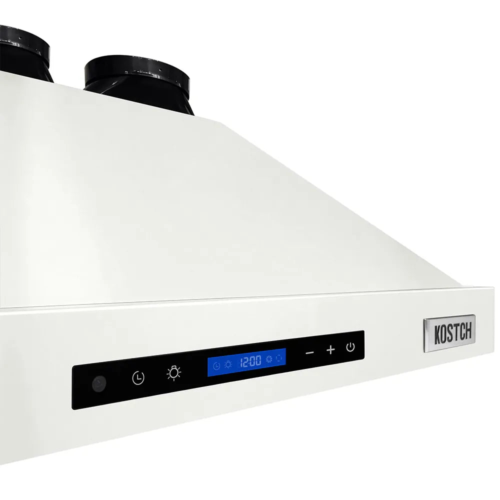 White range hood control panel with LED display and touch button icons