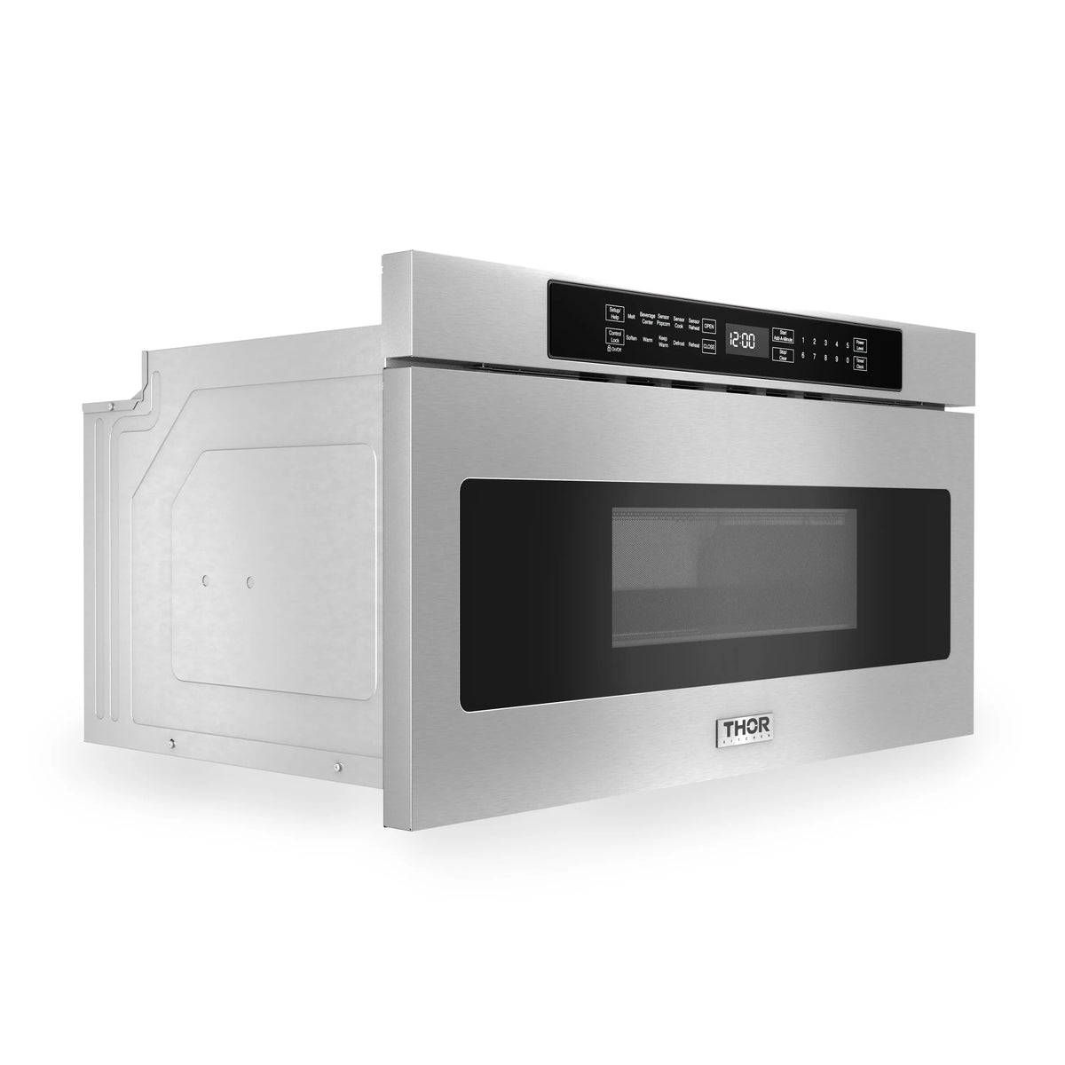 Stainless microwave drawer angled view showing black control panel and side access