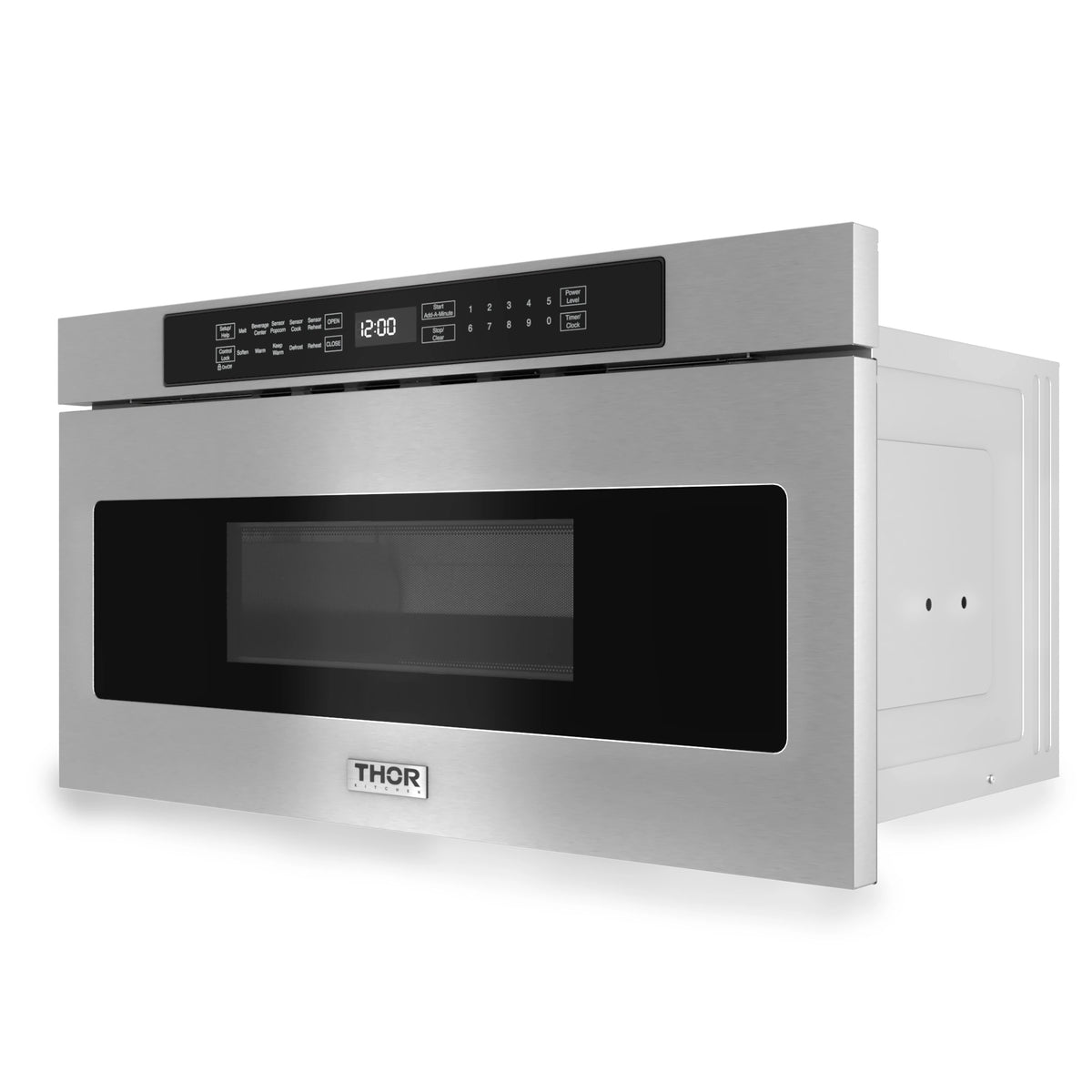 Stainless microwave drawer with black display and control panel; door closed