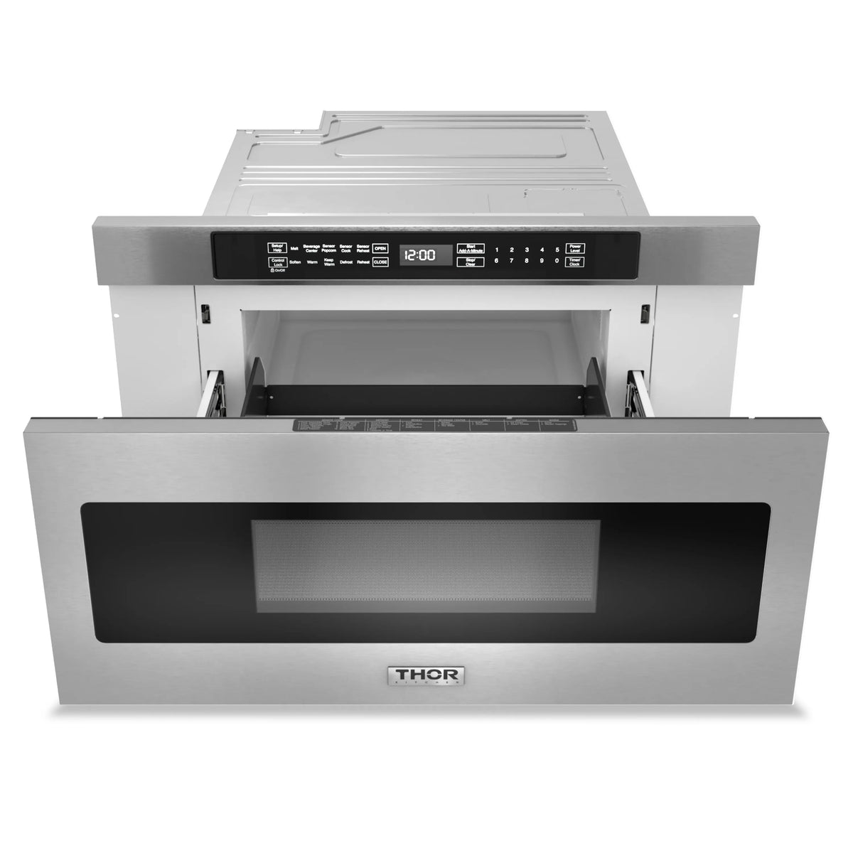 Stainless microwave drawer with open door and black interior window