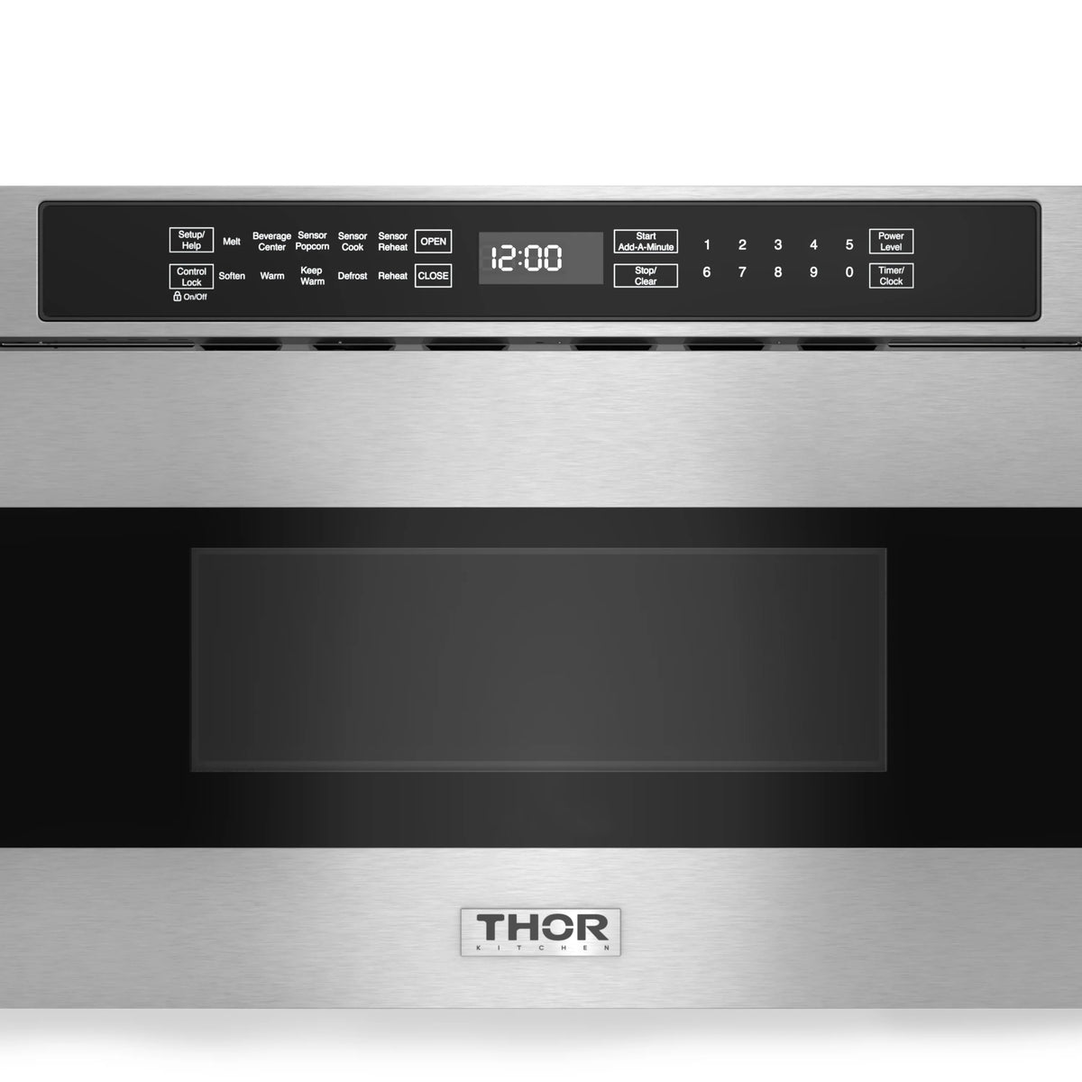 Stainless microwave drawer control panel with digital 12:00 display