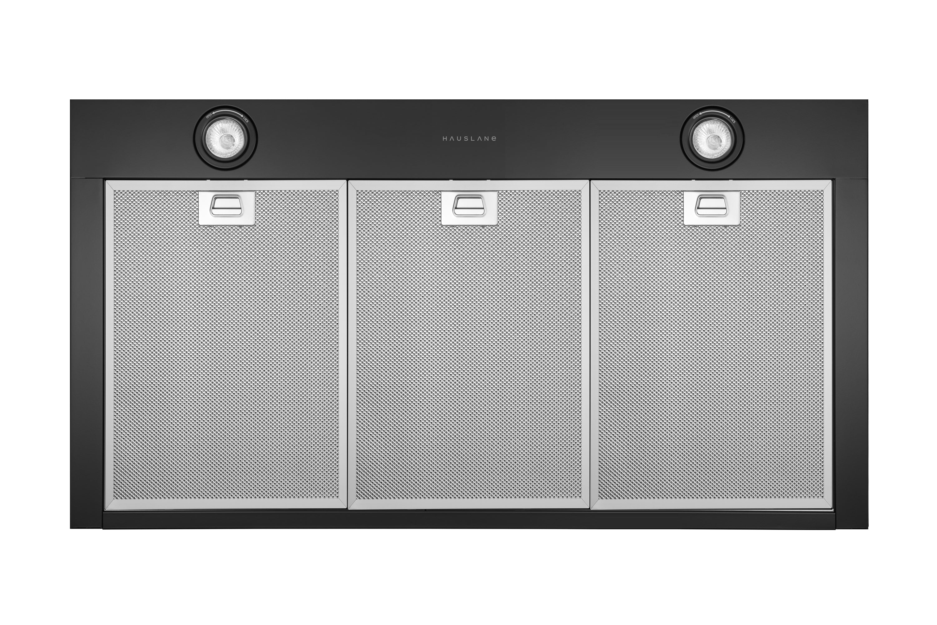 Wall mount range hood, matte black, three mesh filter panels and three round lights.
