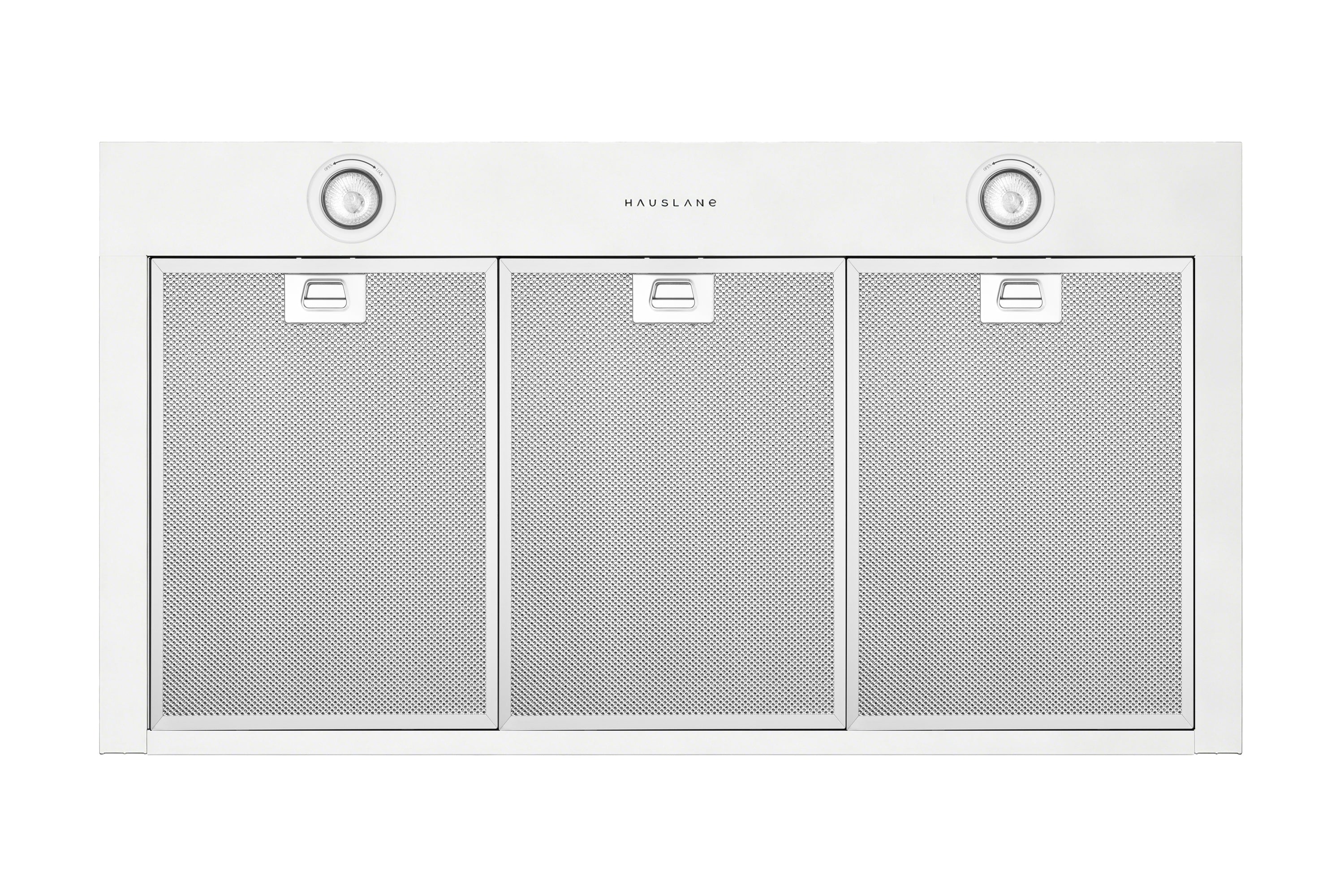 Wall mount range hood, matte white, three mesh filter panels and three round lights.