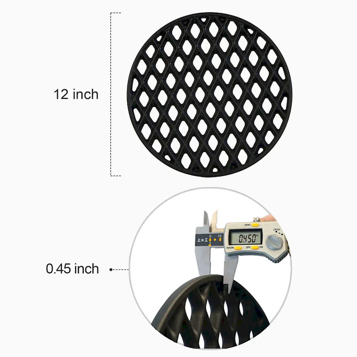 Black round cast iron grill grate with diamond grid pattern, shown flat