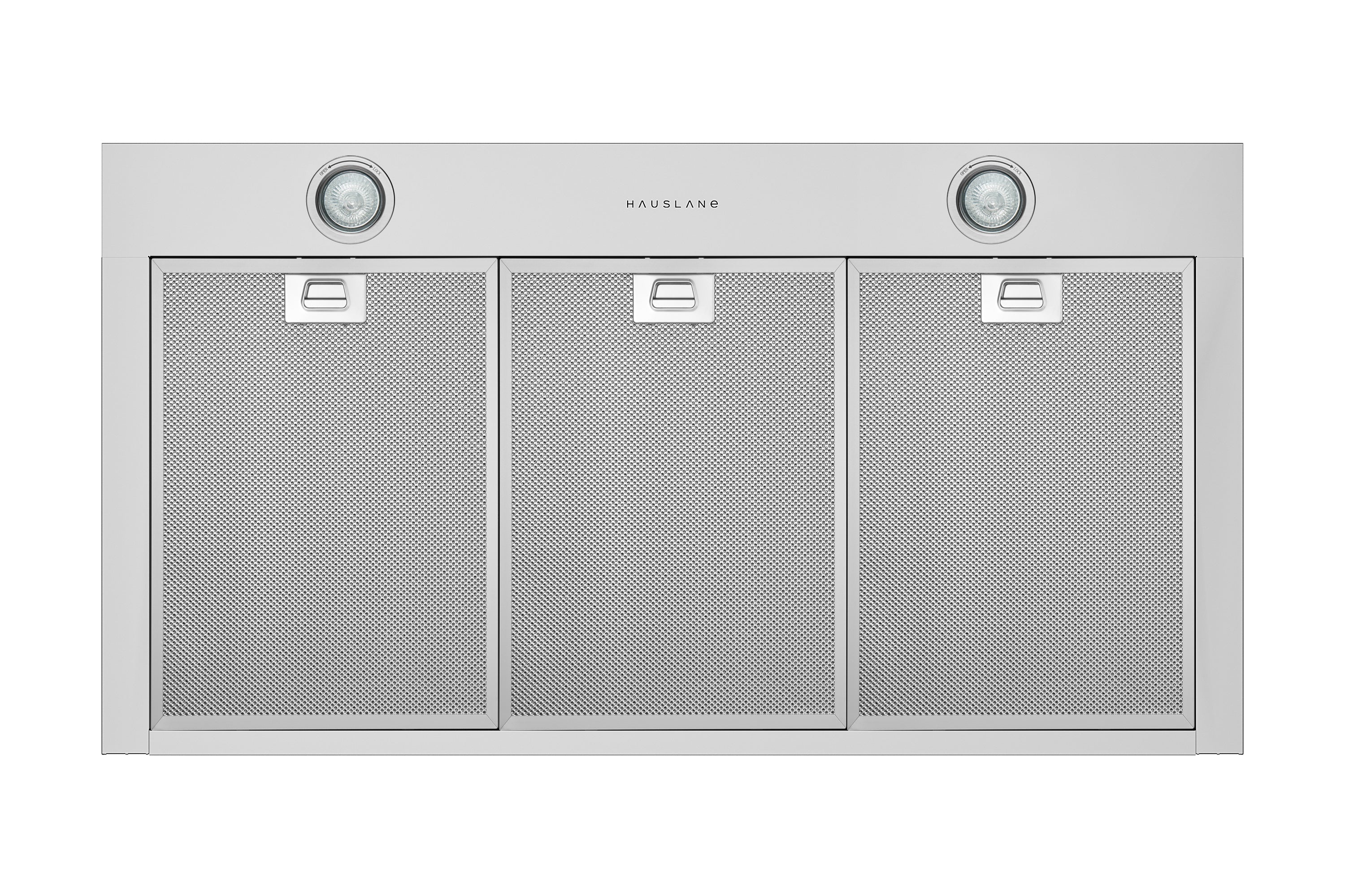 Light finish range hood underside with three mesh filter panels and two lights