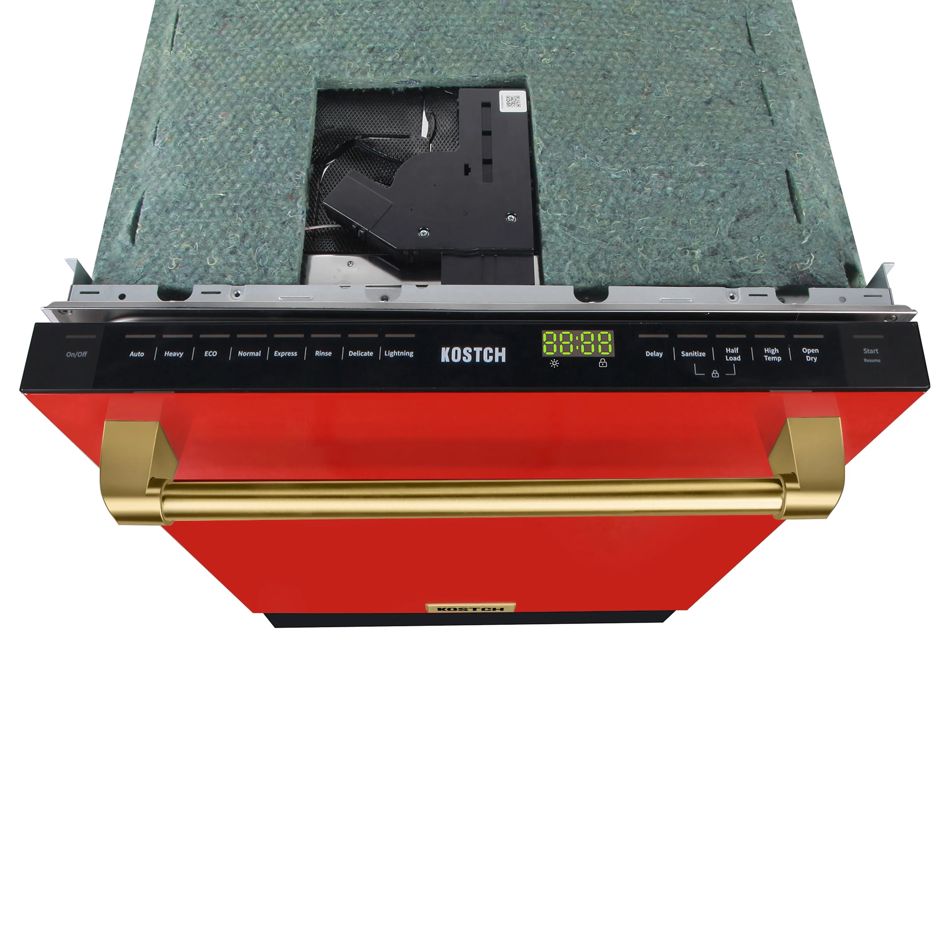 24-inch dishwasher with red front panel and bronze handle, black control strip