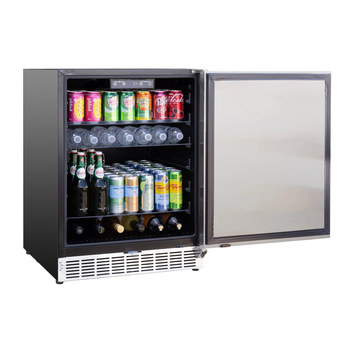 Outdoor beverage fridge with open door showing stocked shelves and control panel