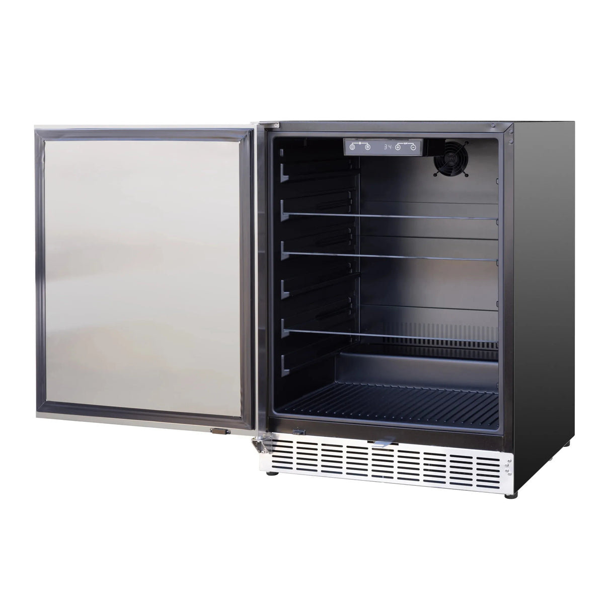 Outdoor refrigerator door open to show adjustable glass shelves and interior light