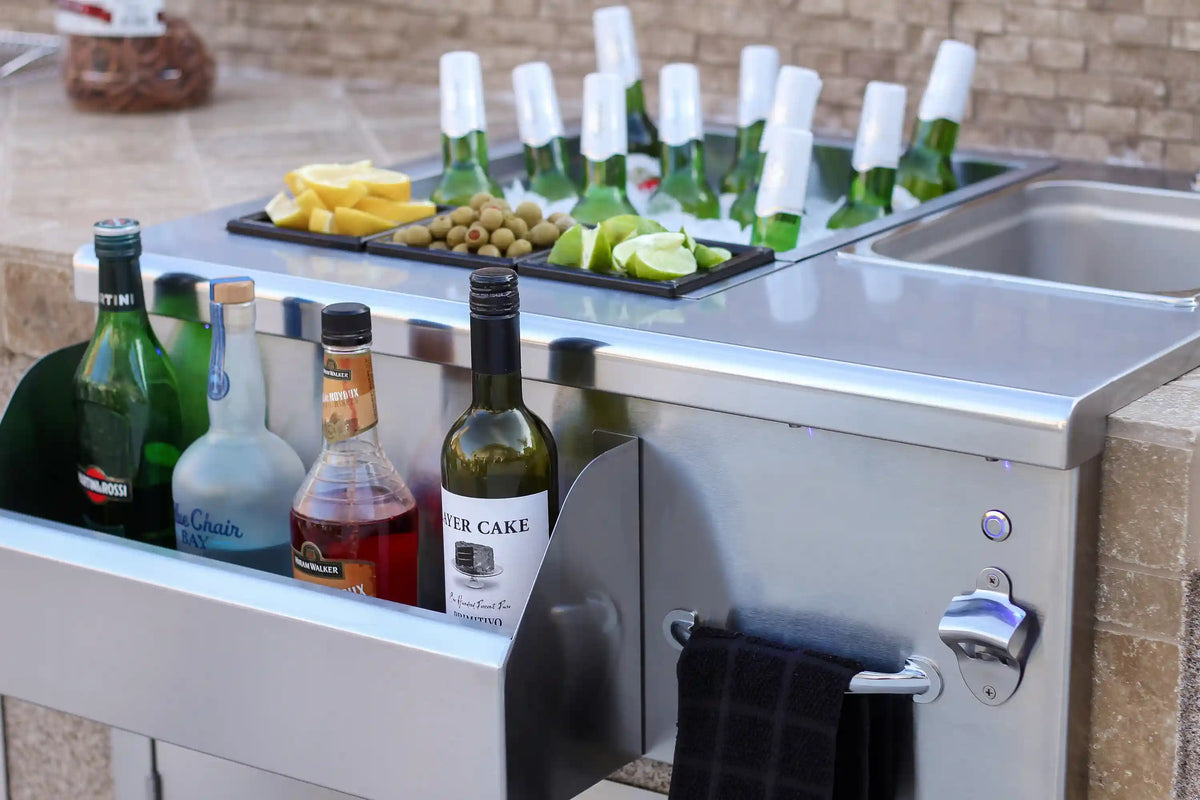 Stainless beverage center with bottle rack and prep tub sink, side view