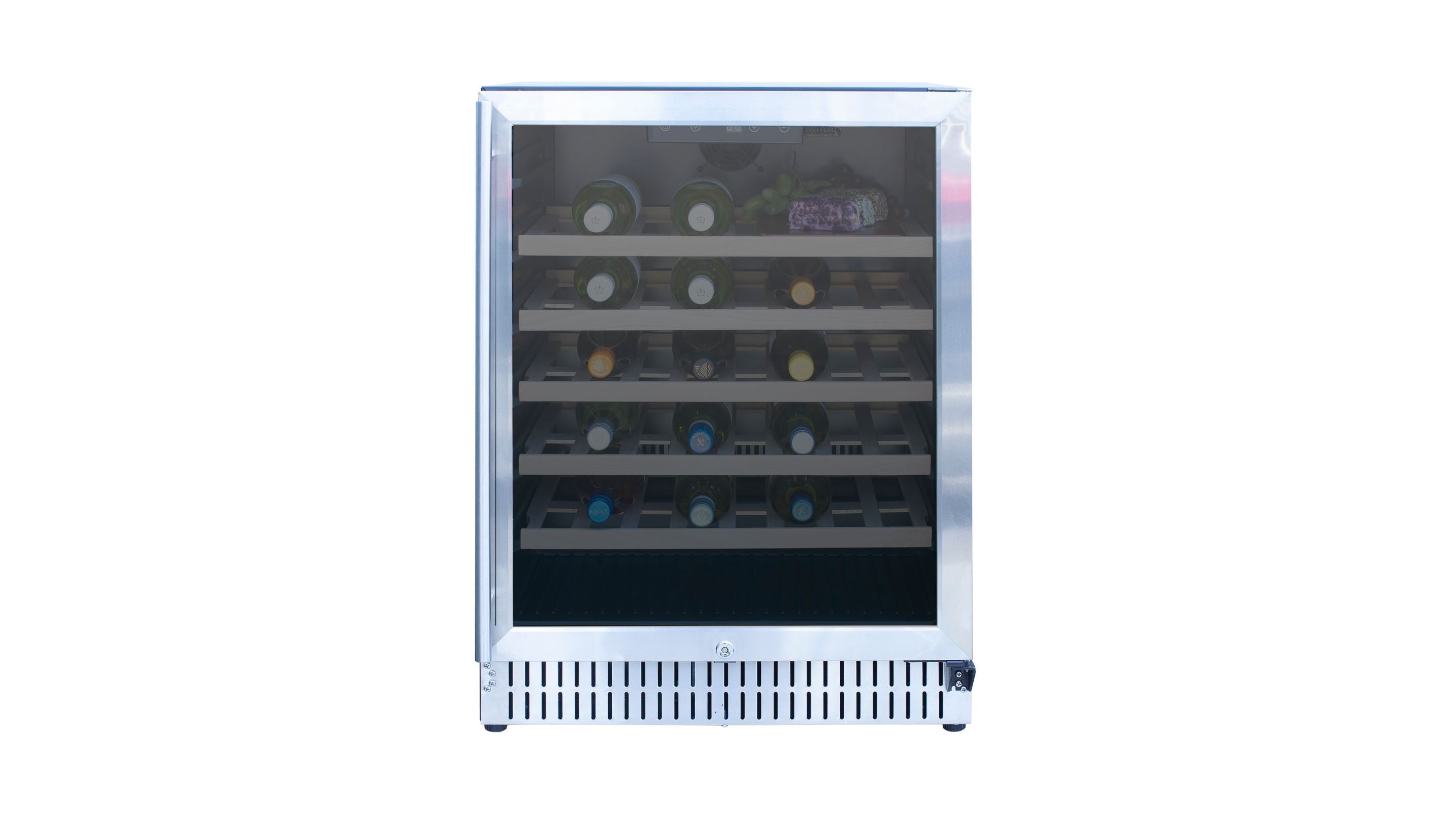 Stainless steel outdoor wine cooler with front glass door and interior wine racks