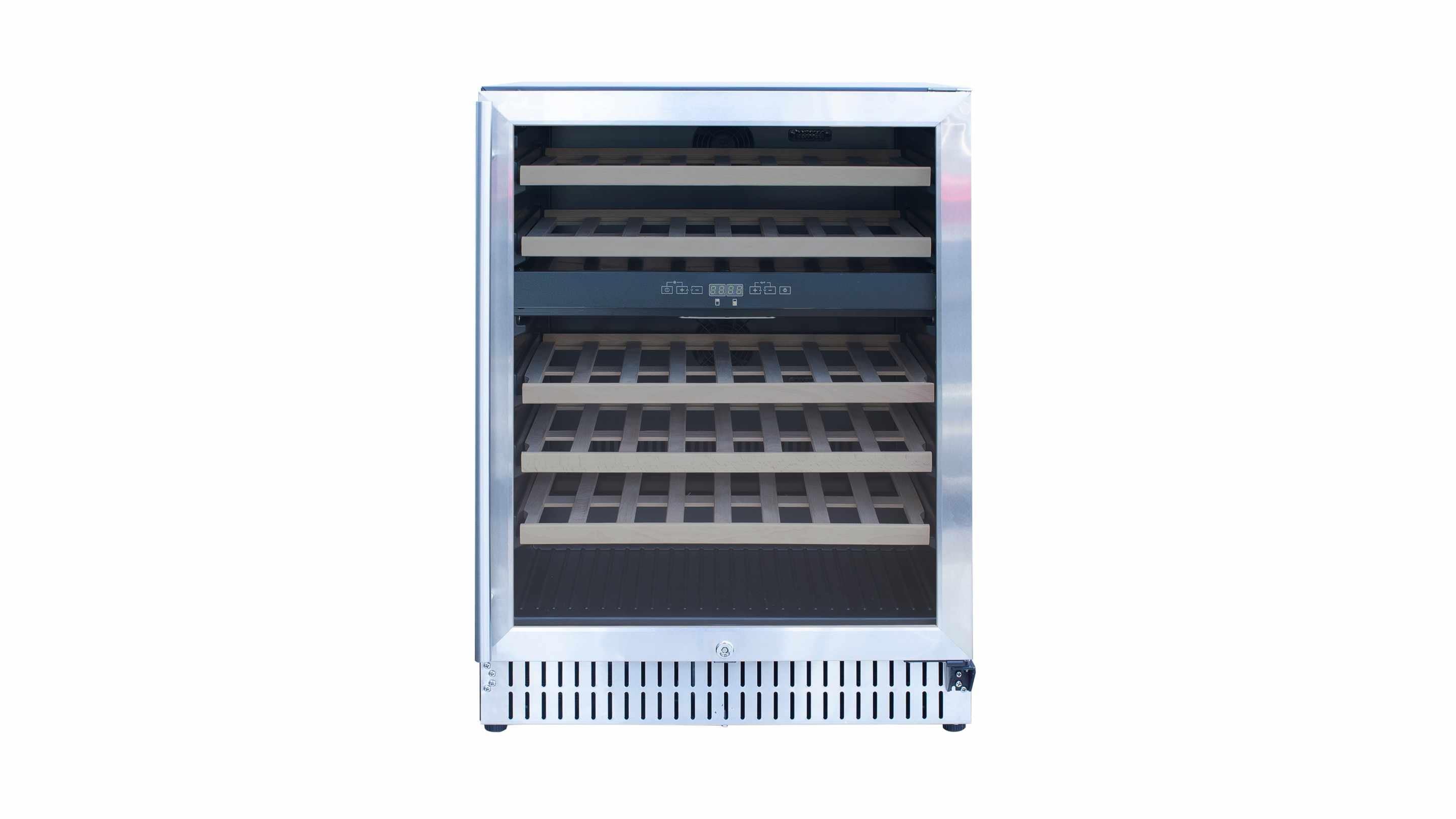 Dual-zone wine cooler door closed, interior shelves and fan grille visible