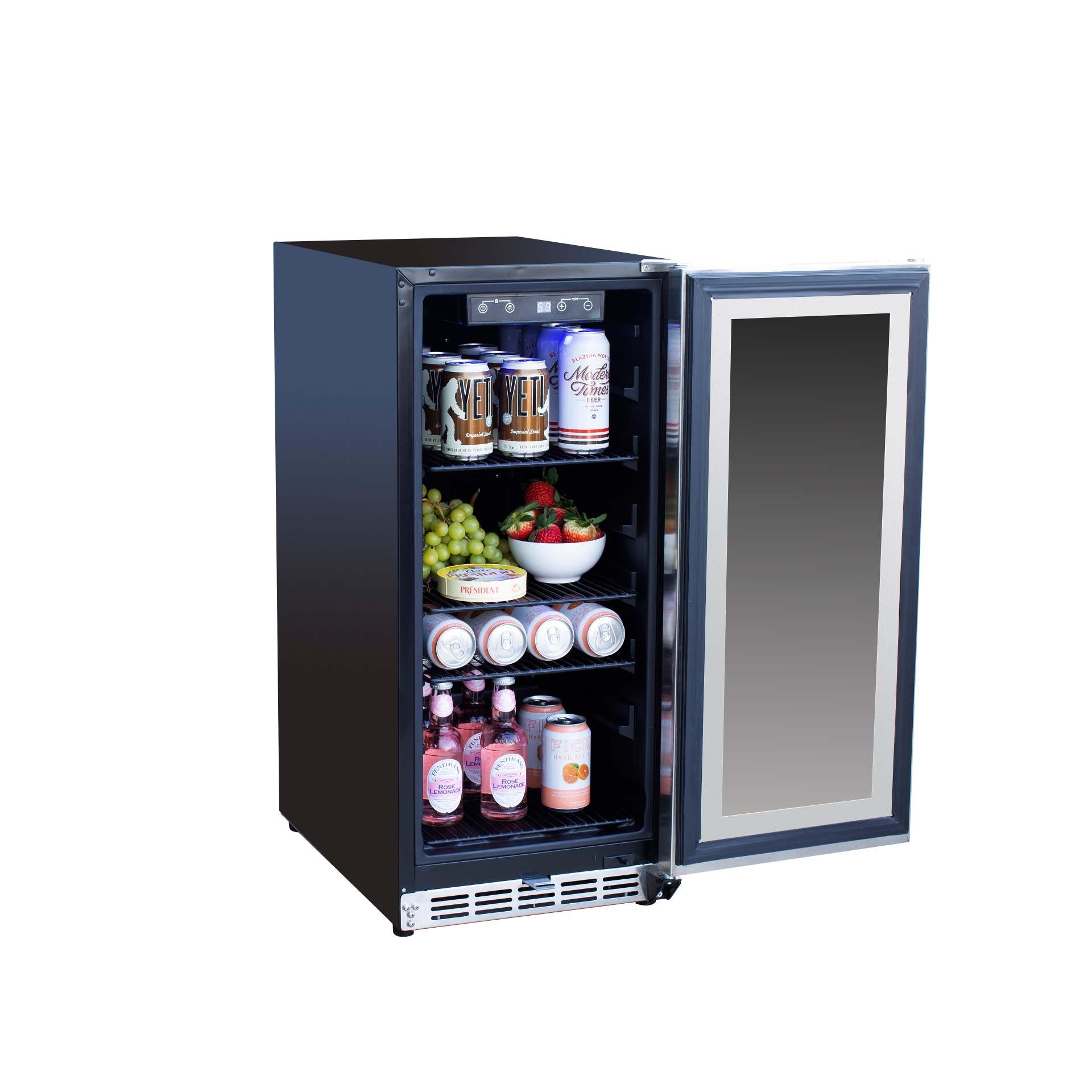 Outdoor refrigerator with glass door showing stocked interior shelves