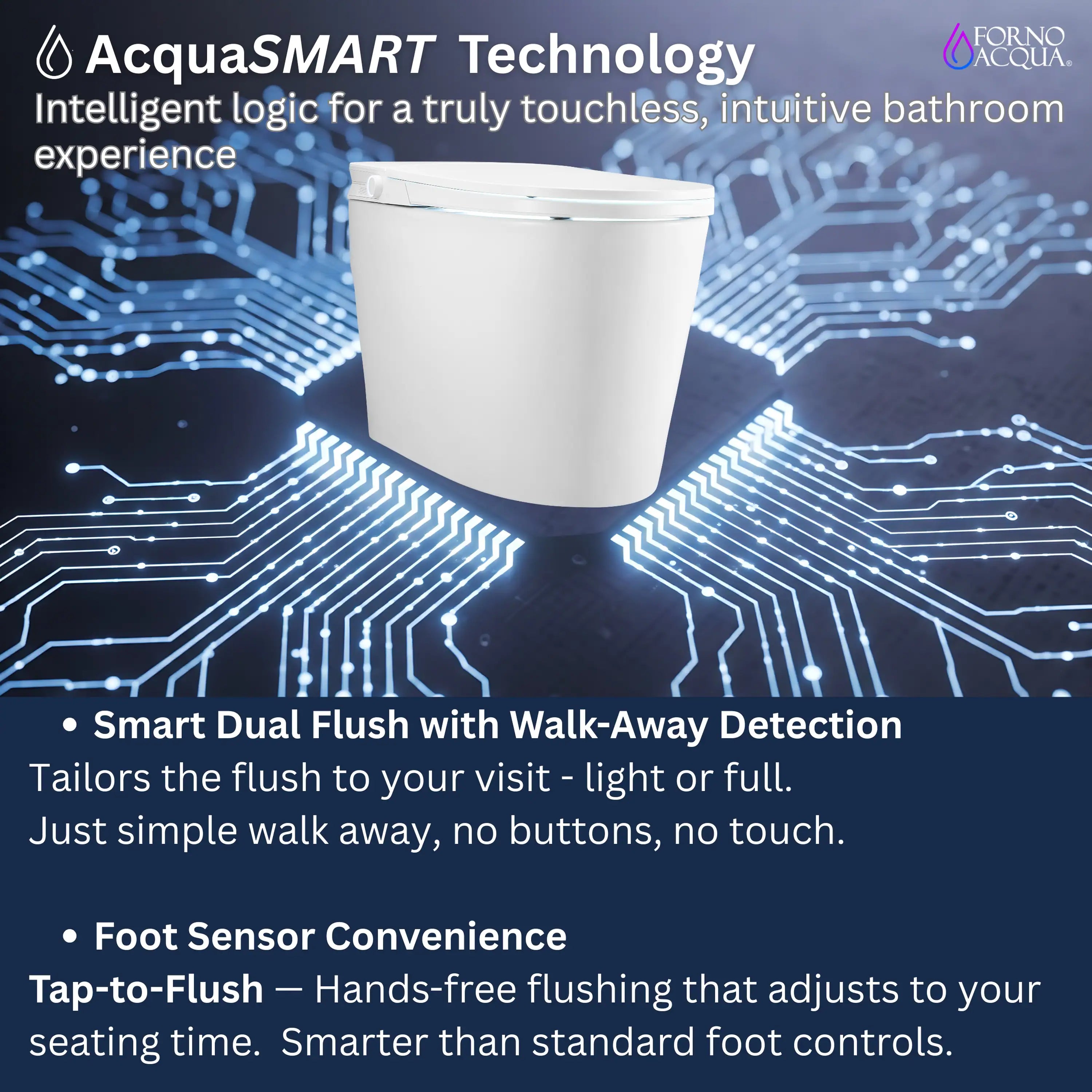 Smart toilet with walk-away dual flush technology, white bowl and closed seat