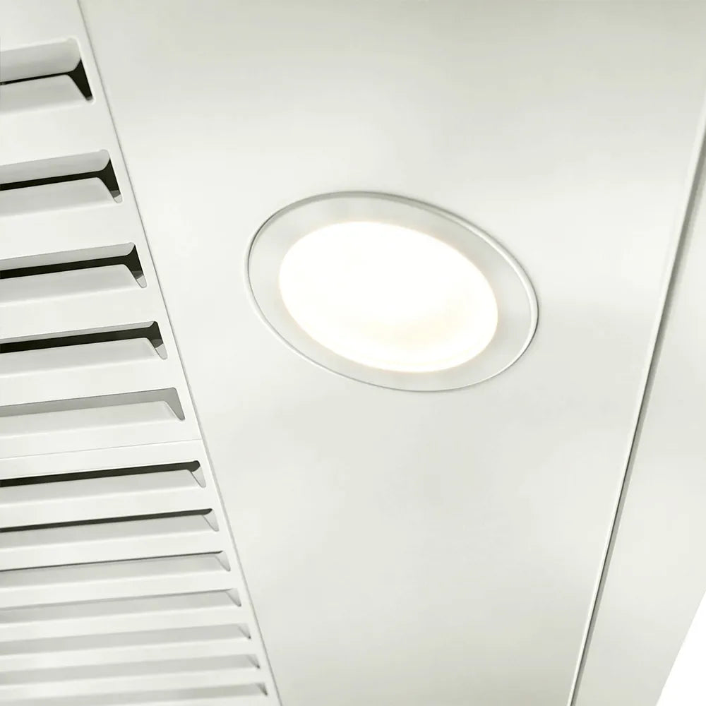 White range hood spotlight with circular LED light and vent slats at left