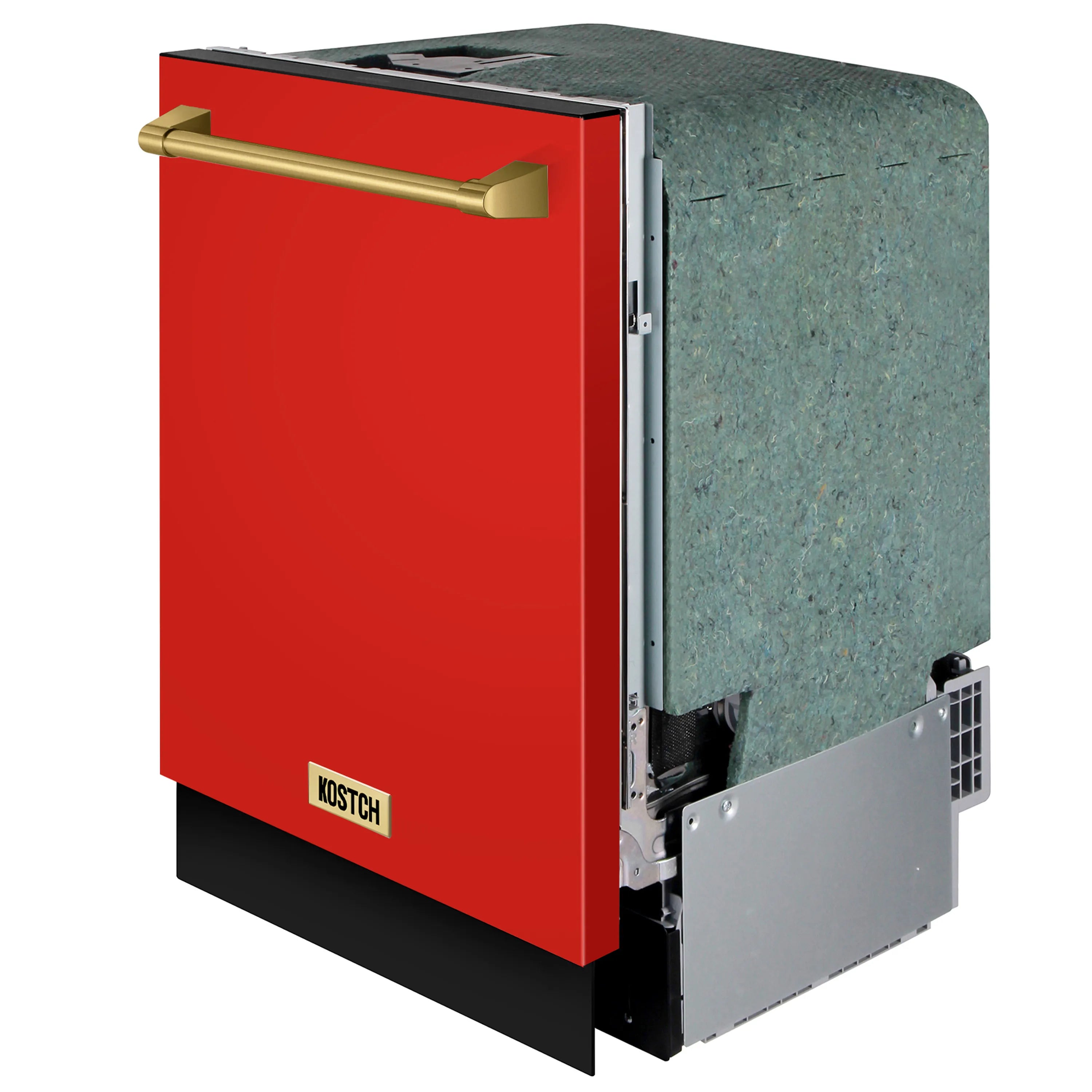 Red dishwasher with bronze handle, side view with partially open door