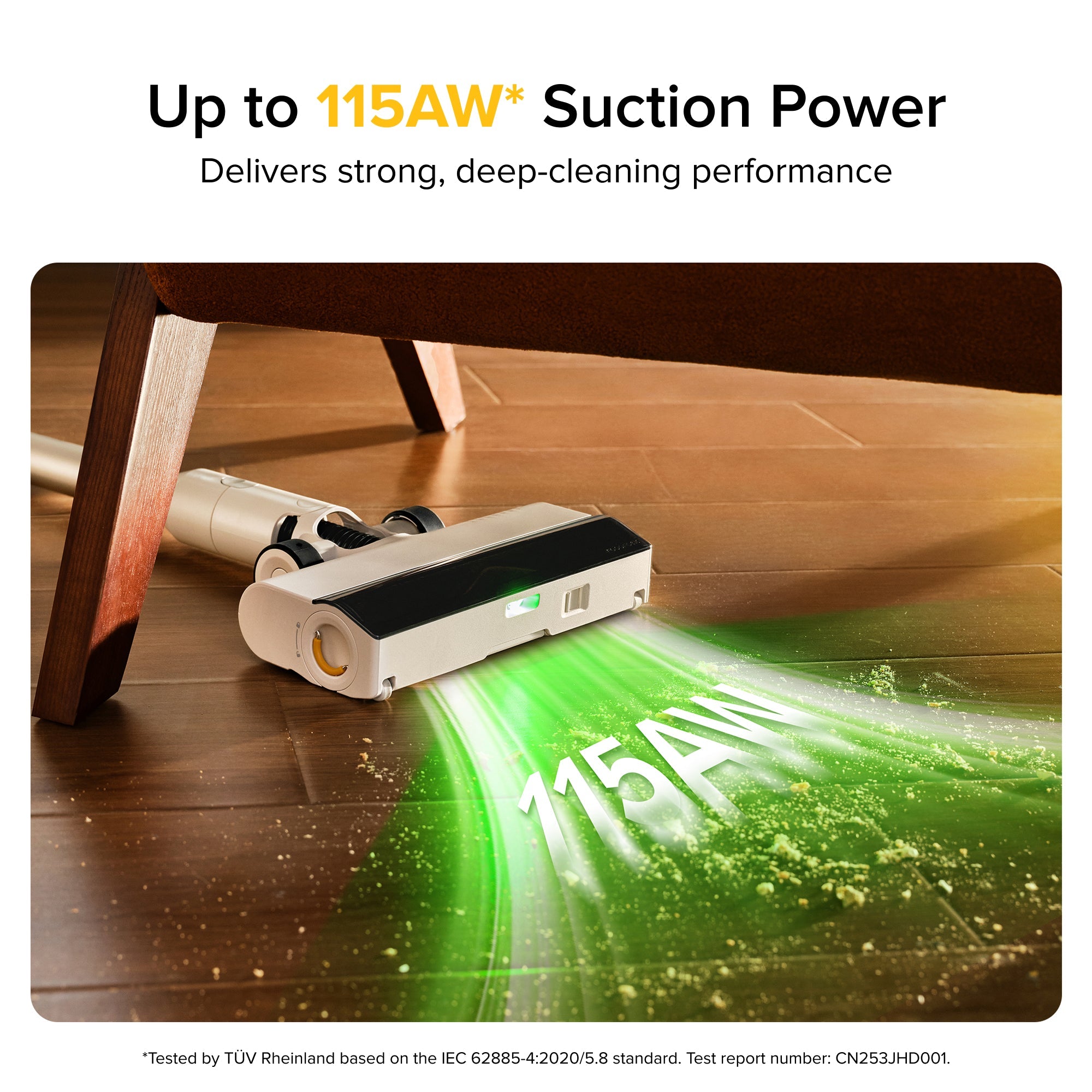 Cordless vacuum floor nozzle cleaning wood floor with visible suction debris pickup