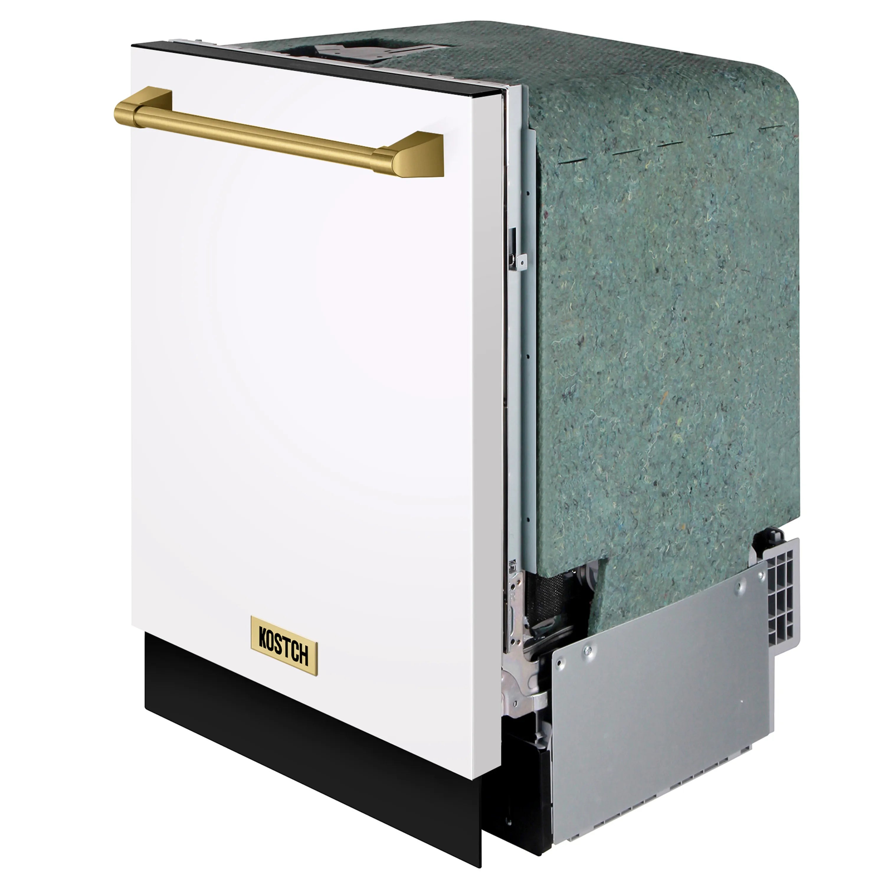 Built-in dishwasher with bronze handle and side access panel, white exterior