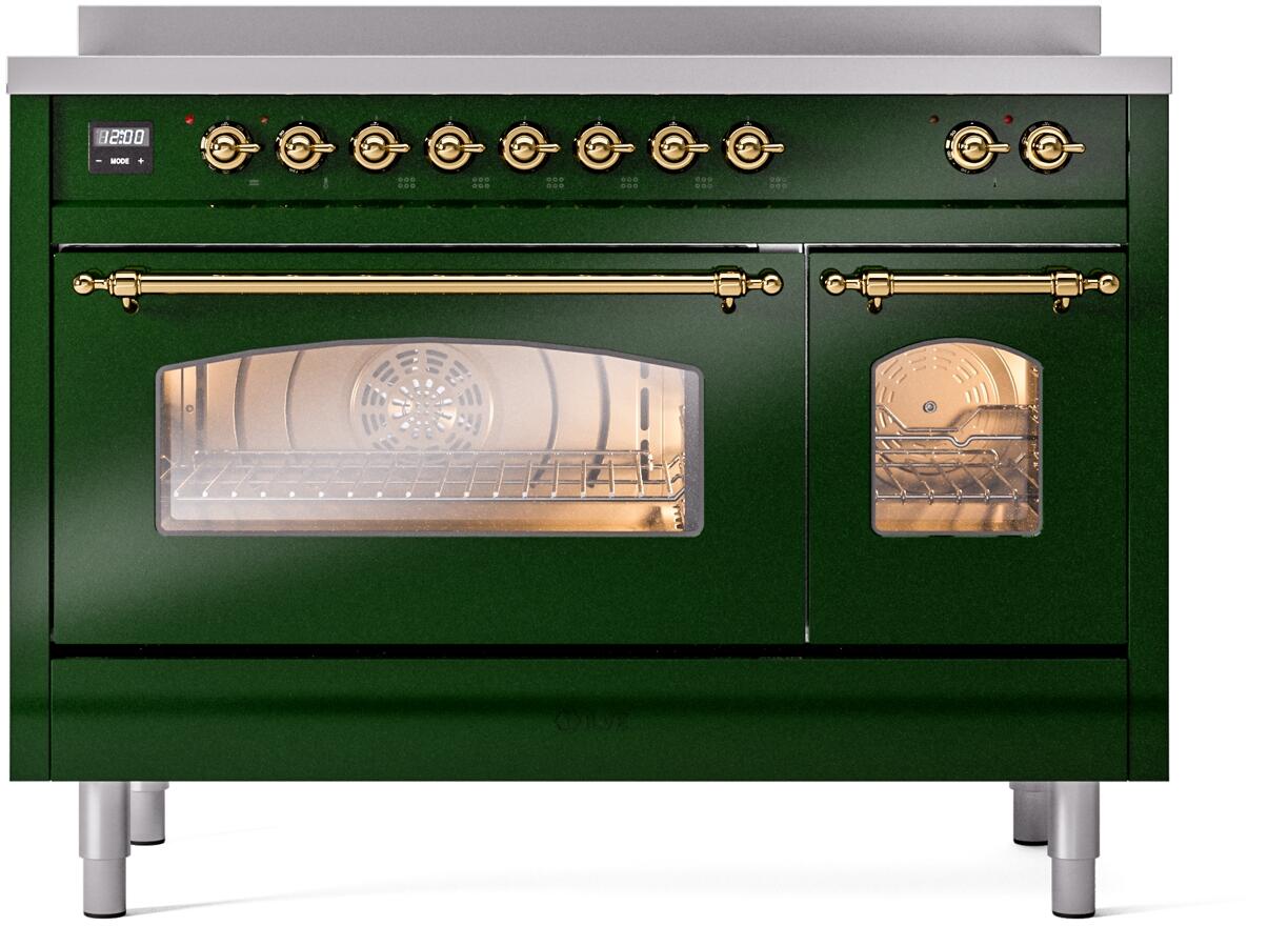 Emerald green freestanding electric induction range front with both oven doors closed
