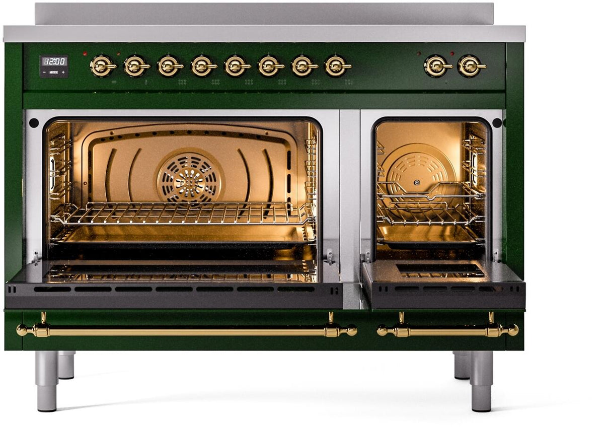 Emerald green freestanding induction range with brass trim, oven doors open with racks