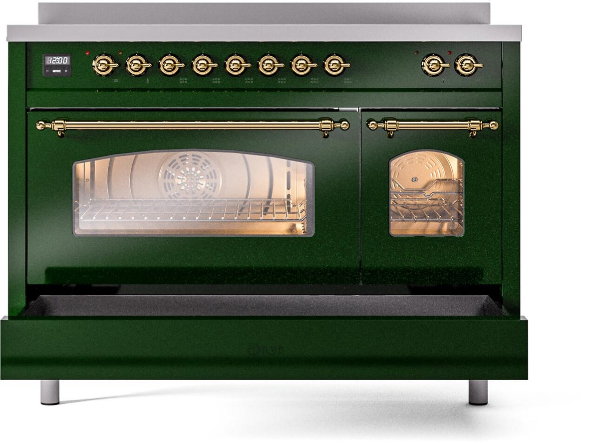 Emerald green freestanding electric induction range front with oven door open