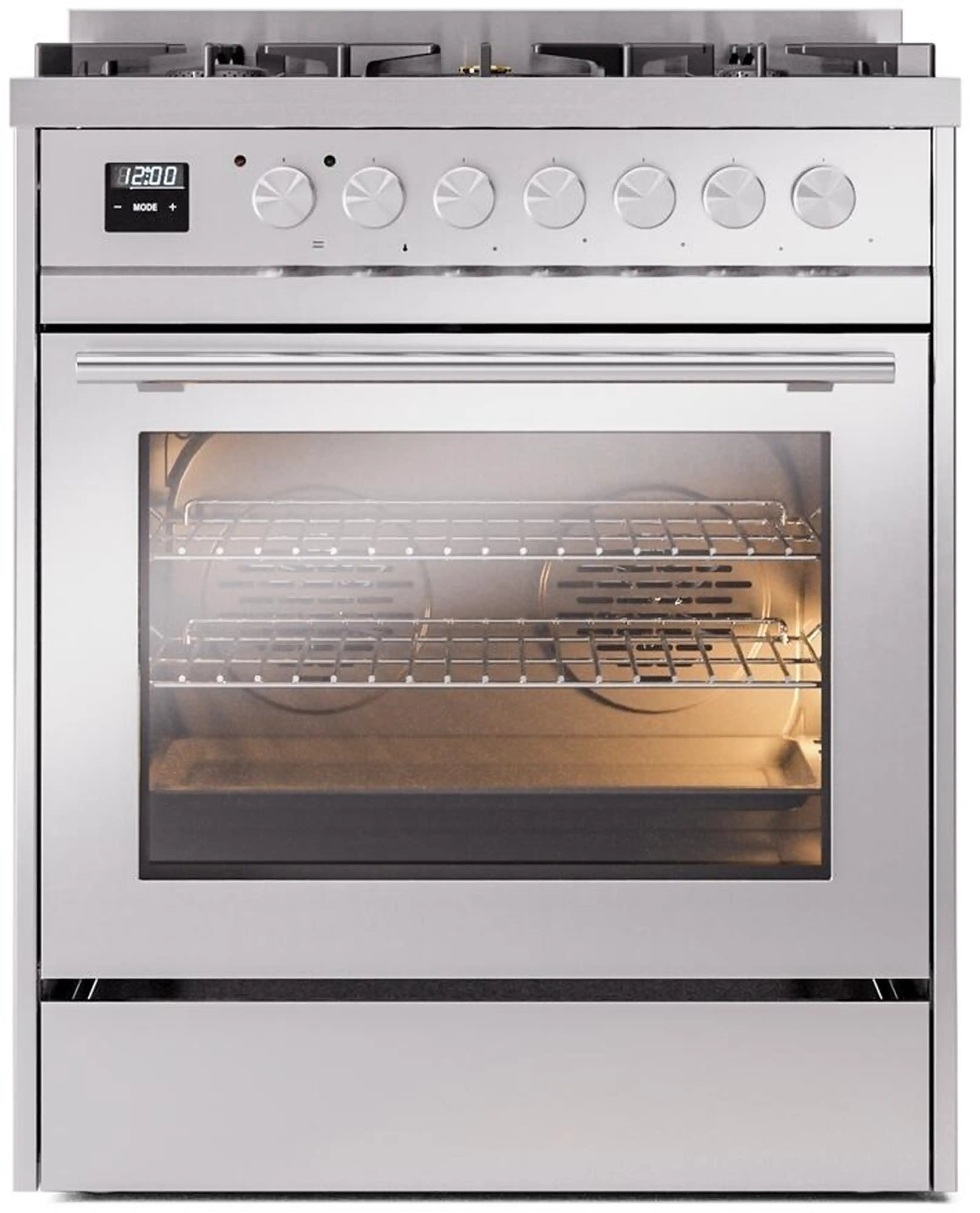 Stainless steel oven door window with lit interior and oven racks