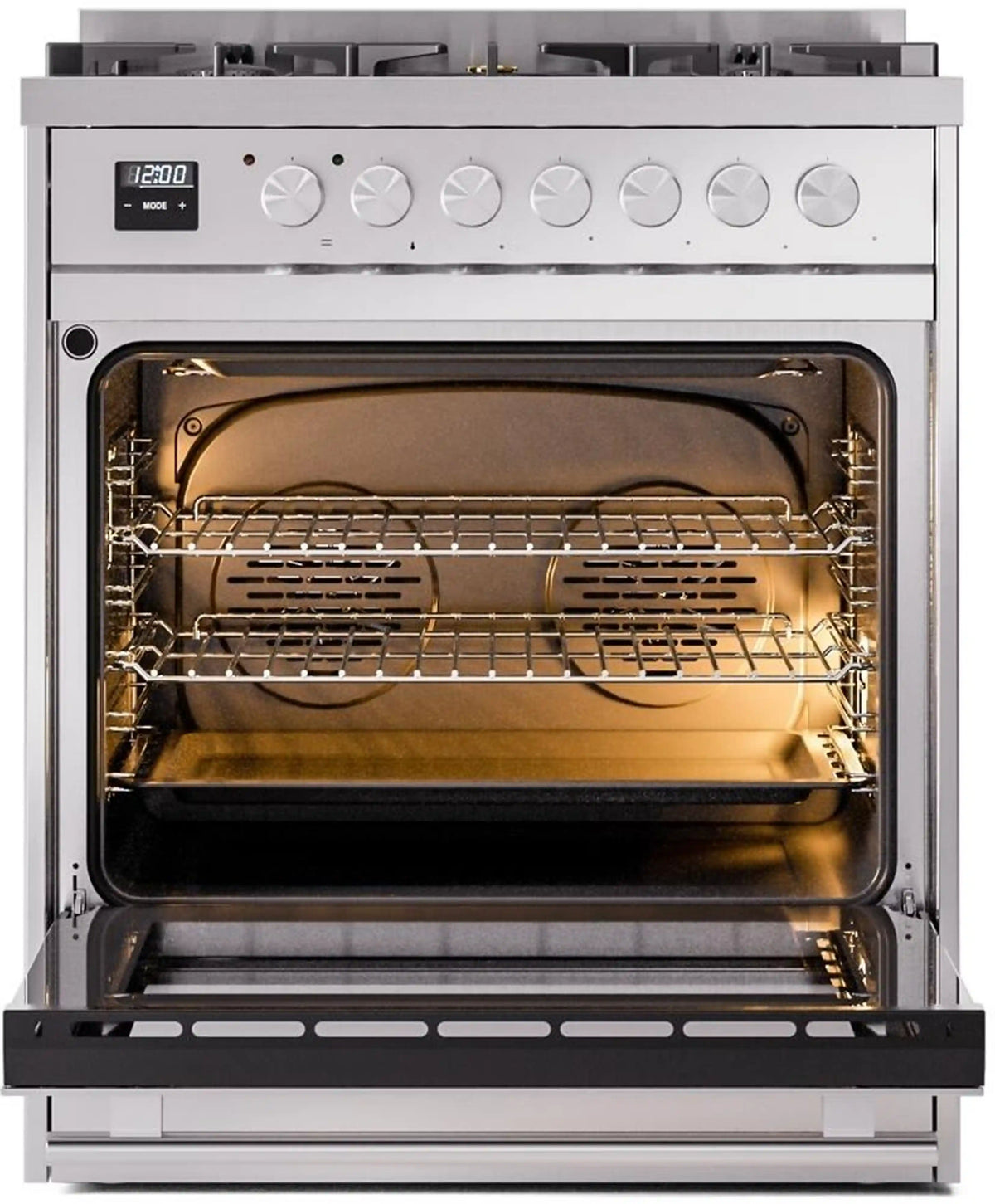 Stainless steel gas oven with racks and broil-style heating elements visible