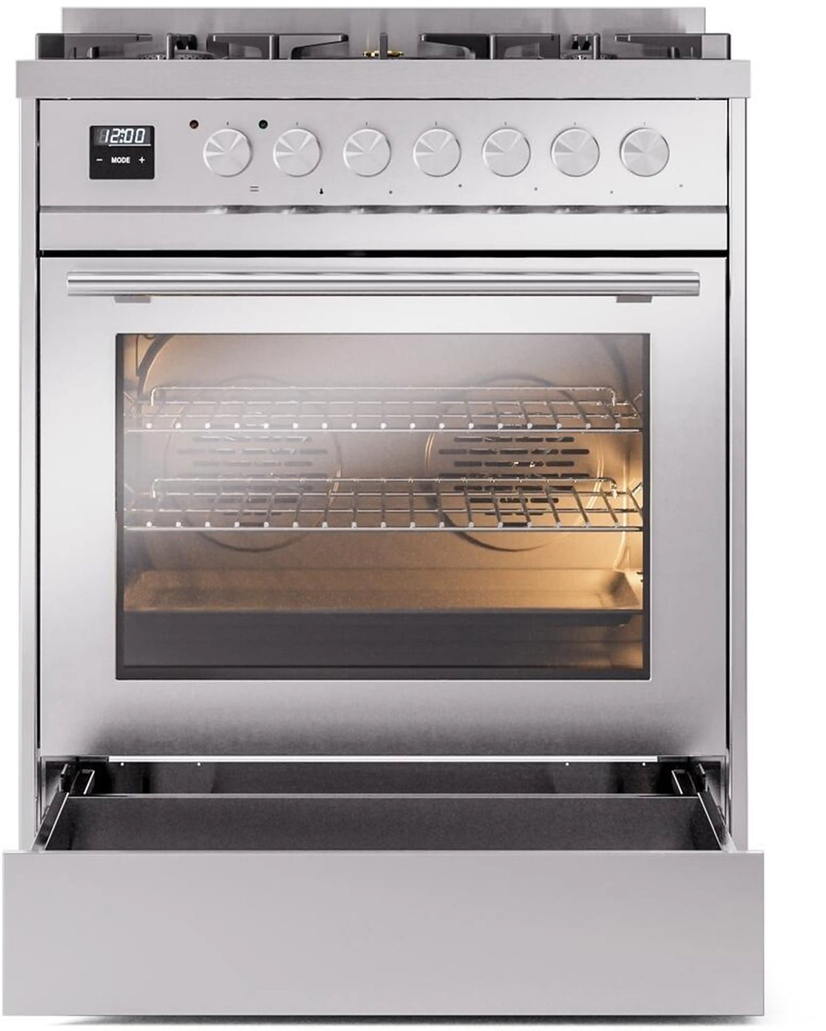 Stainless steel oven window with illuminated interior and wire rack