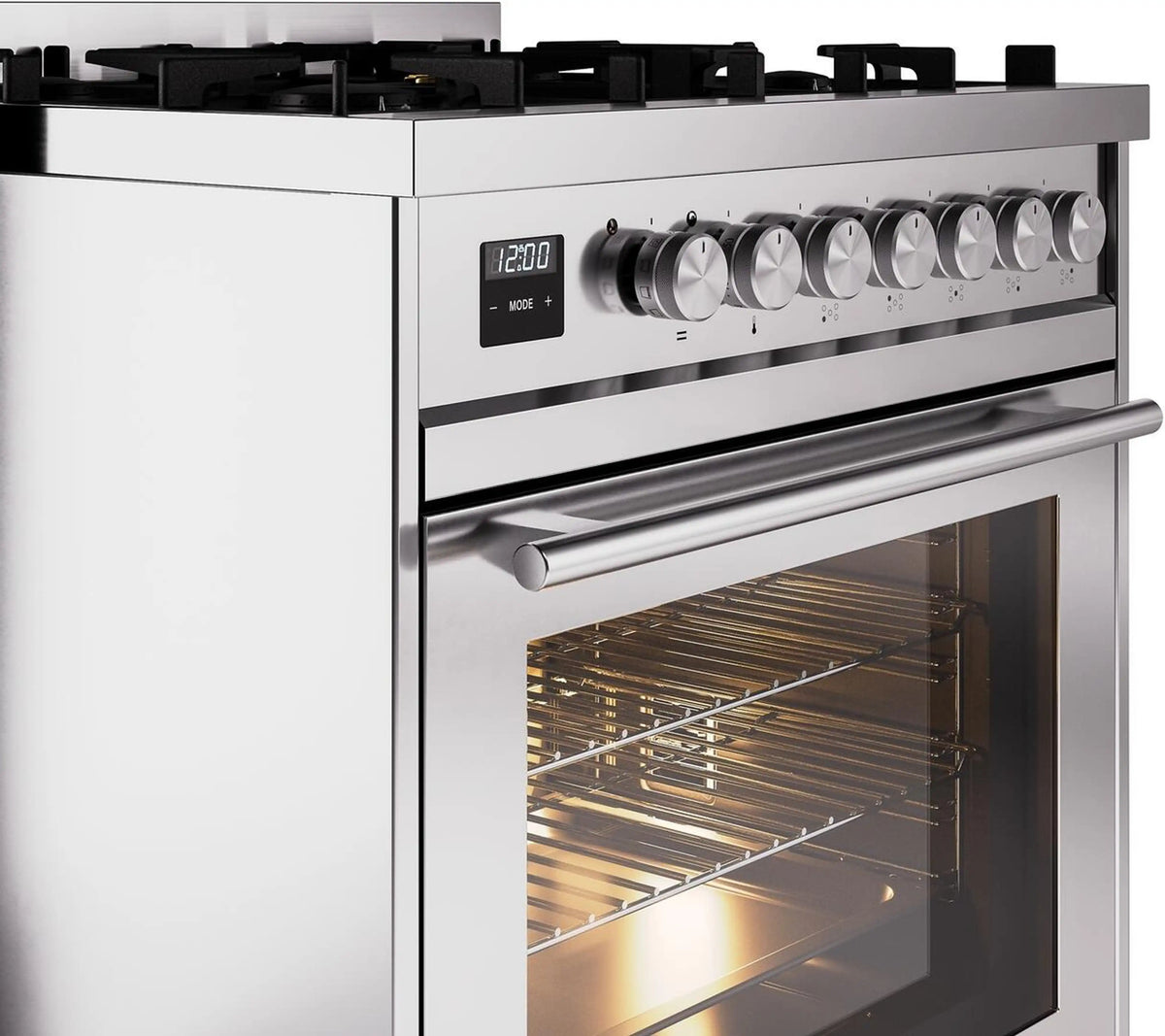 Stainless steel range control panel with knobs, display, and glass oven door