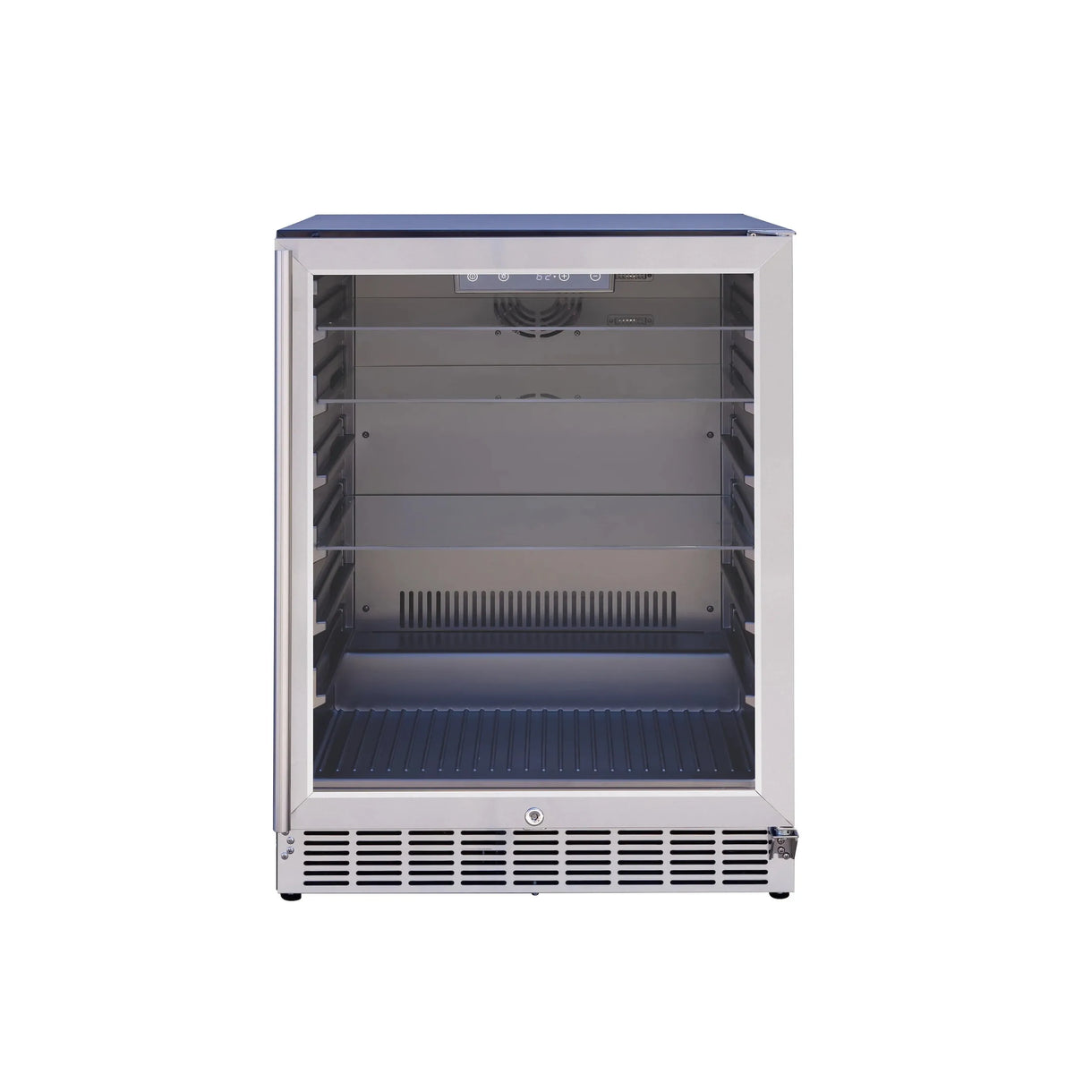 Outdoor fridge interior with black shelving, ribbed drip tray floor, and fan vents