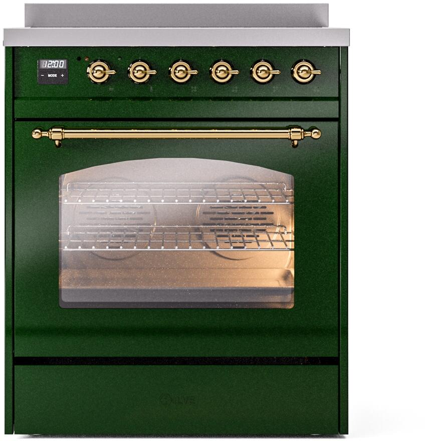 Emerald green freestanding induction range with brass-trimmed control knobs and oven door