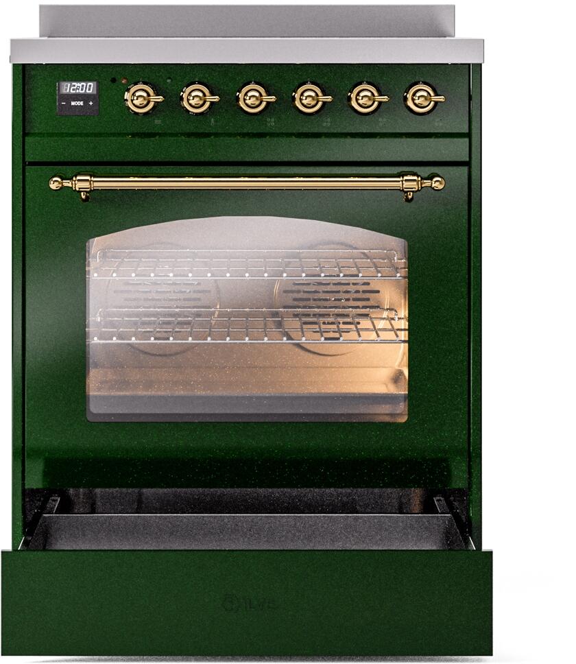 Emerald green freestanding induction range with oven door open and brass pull handle